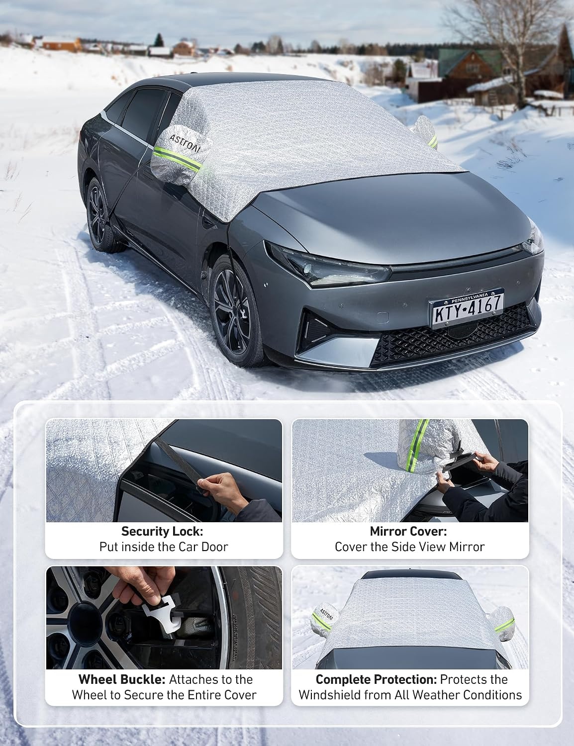 image:imageAstroAI 4Layer Windshield Snow Cover for Ice UV Frost Wiper amp Mirror Protector Windproof Sunshade for Cars Compact SUVsGlacier Silver