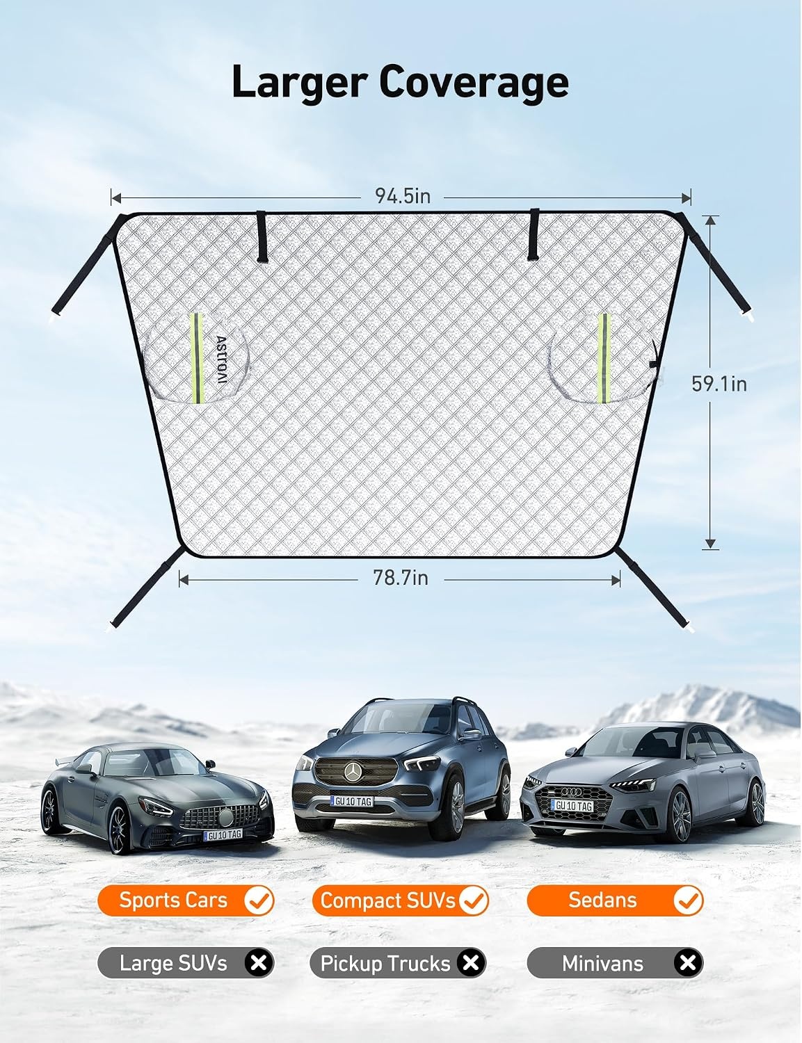 image:imageAstroAI 4Layer Windshield Snow Cover for Ice UV Frost Wiper amp Mirror Protector Windproof Sunshade for Cars Compact SUVsGlacier Silver