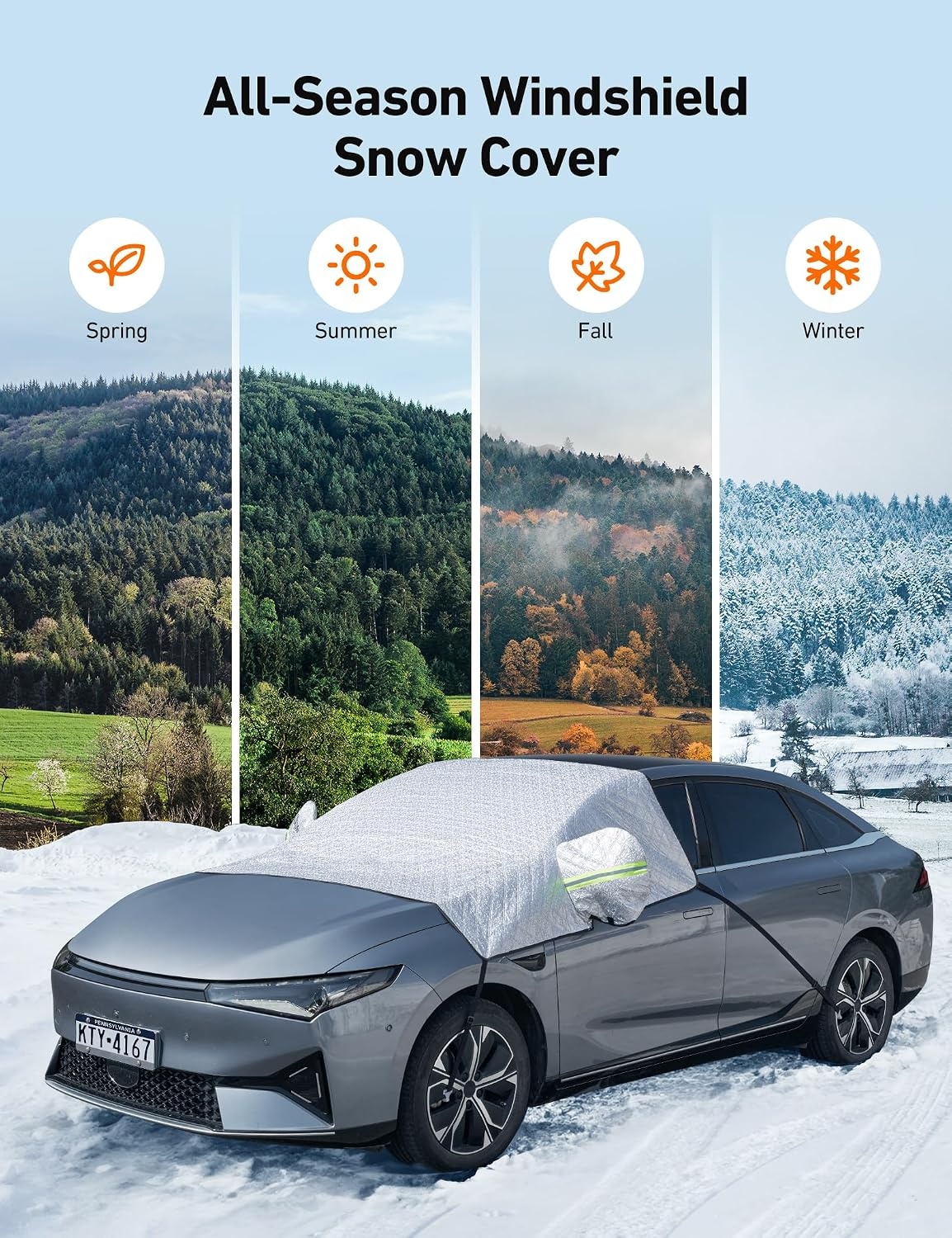 image:imageAstroAI 4Layer Windshield Snow Cover for Ice UV Frost Wiper amp Mirror Protector Windproof Sunshade for Cars Compact SUVsGlacier Silver