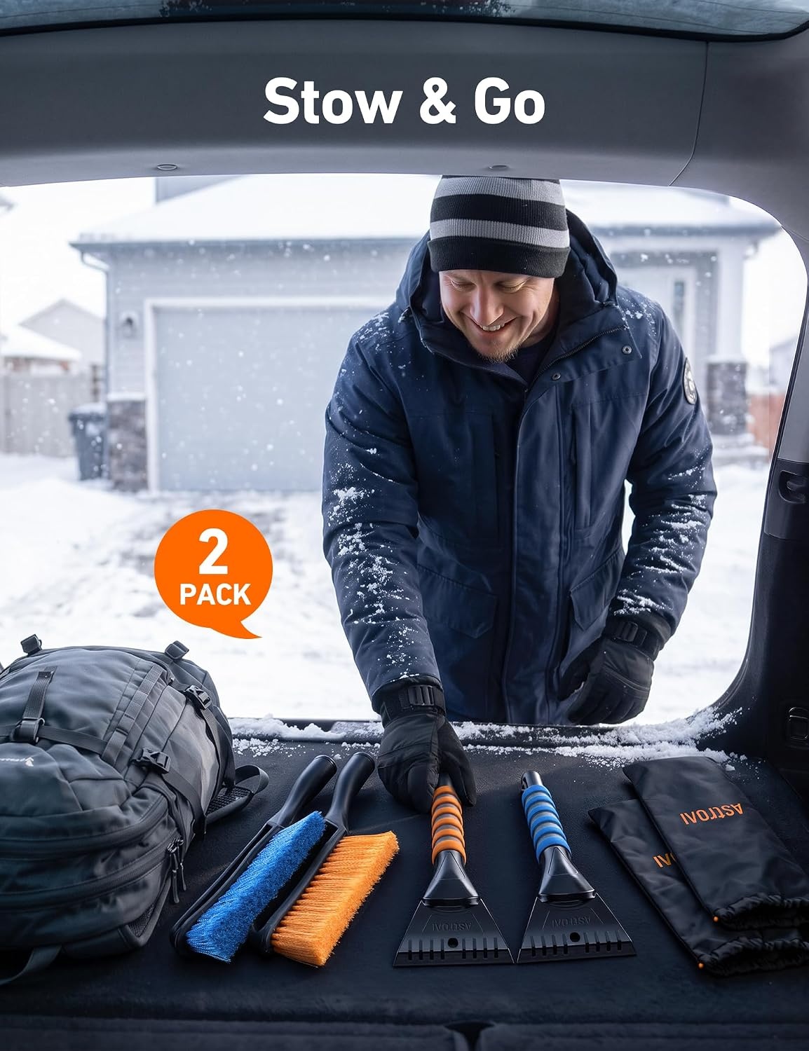 image:imageAstroAI 27 Snow Brush amp Ice Scraper for Car Windshield Snow Remove 2 PackOrange Blue