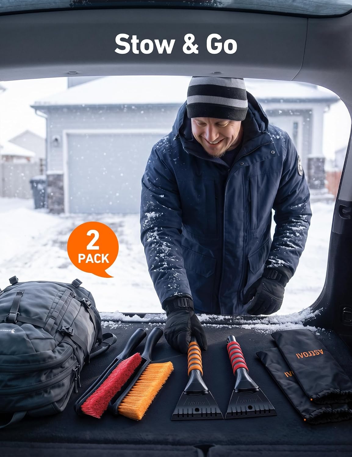 image:imageAstroAI 27 Snow Brush amp Ice Scraper for Car Windshield Snow Remove 2 PackOrange Red