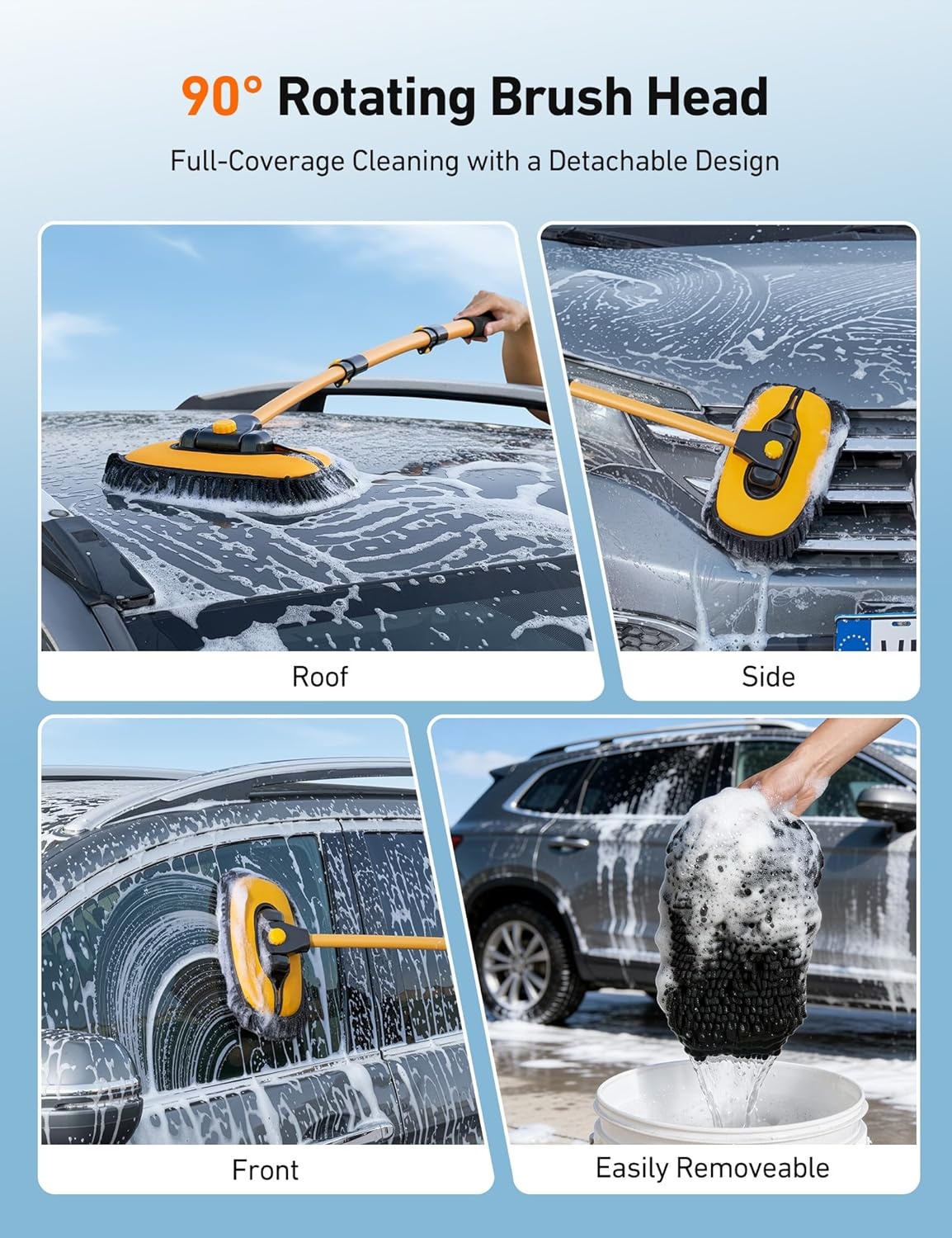 image:imageAstroAI 15Curved Car Wash Brush with 43 Long Handle and 90 Rotating Replaceable Brush Head Car Wash Kit with Microfiber Towel and Tire Brush for Car SUV RV Floor Cleaning YellowYellow