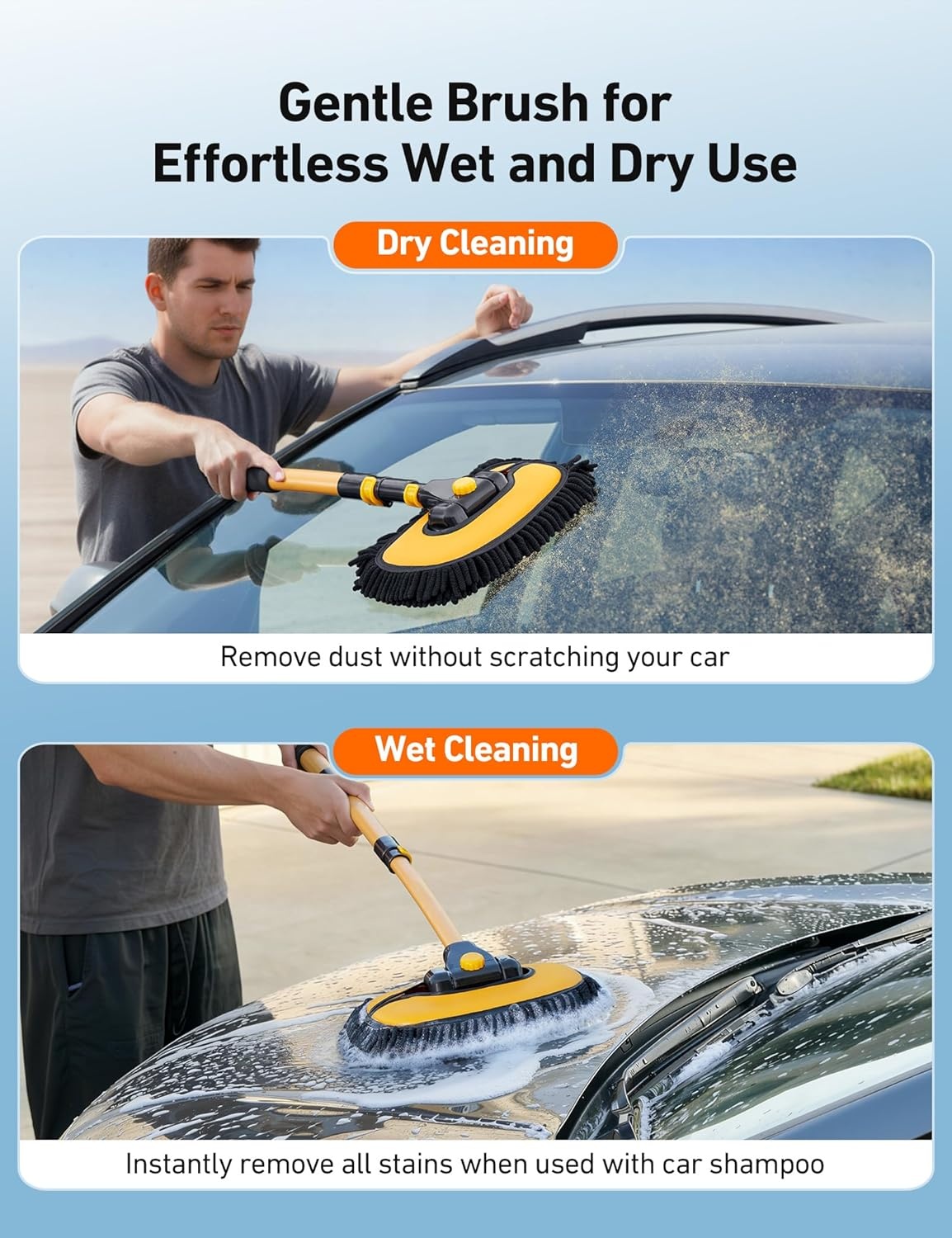 image:imageAstroAI 15Curved Car Wash Brush with 43 Long Handle and 90 Rotating Replaceable Brush Head Car Wash Kit with Microfiber Towel and Tire Brush for Car SUV RV Floor Cleaning YellowYellow