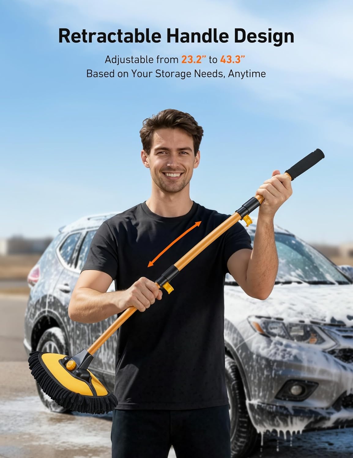 image:imageAstroAI 15Curved Car Wash Brush with 43 Long Handle and 90 Rotating Replaceable Brush Head Car Wash Kit with Microfiber Towel and Tire Brush for Car SUV RV Floor Cleaning YellowYellow