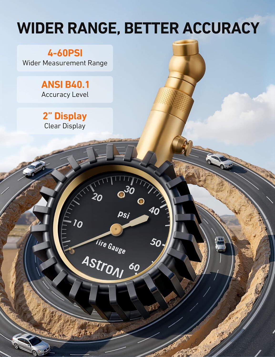 image:imageAstroAI Tire Pressure Gauge 060 PSI Large 2 Easy Read Glow Dial Tire Gauge Certified ANSI B401 Accurate Compatible for Bicycle Car SUV Truck amp Motorcycle60PSI