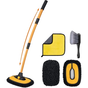 AstroAI 15°Curved Car Wash Brush with 43″ Long Handle and 90° Rotating Replaceable Brush Head, Car Wash Kit with Microfiber Towel and Tire Brush for Car, SUV, RV, Floor Cleaning, Yellow(Yellow)