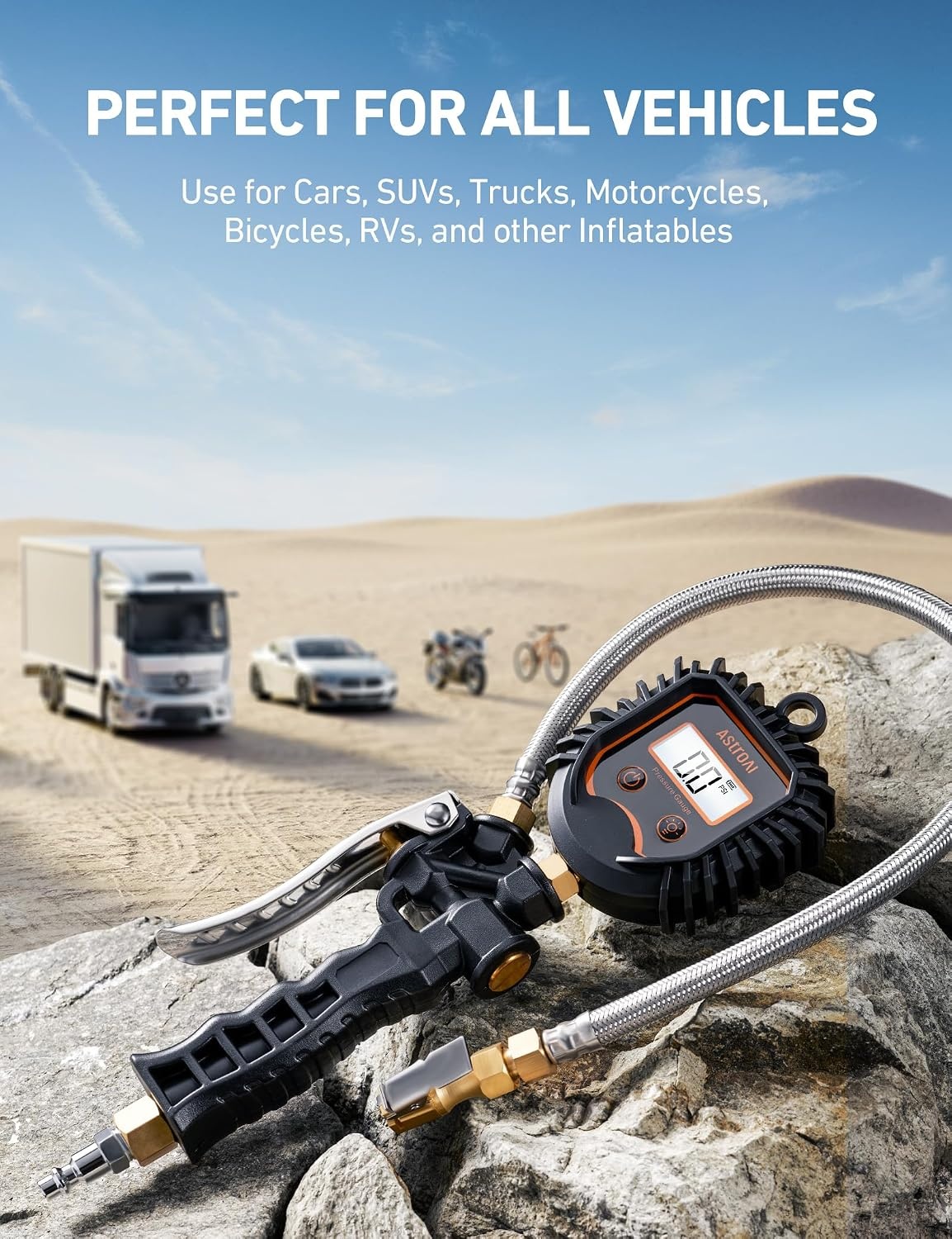 image:imageAstroAI Digital Tire Pressure Gauge Heavy Duty Tire Inflator Gauge 250PSI Air Chuck Compressor Accessories with Stainless Braided Hose Rotatable DialampQuick Connect Coupler for TruckRVSUVLarge