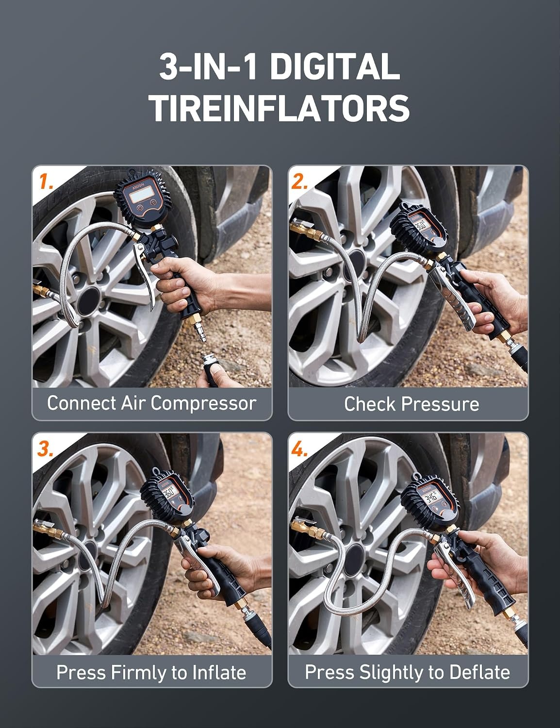 image:imageAstroAI Digital Tire Pressure Gauge Heavy Duty Tire Inflator Gauge 250PSI Air Chuck Compressor Accessories with Stainless Braided Hose Rotatable DialampQuick Connect Coupler for TruckRVSUVLarge