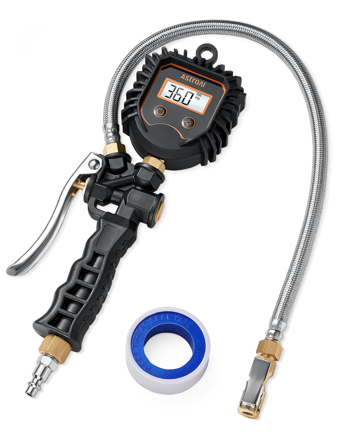 image:imageAstroAI Digital Tire Pressure Gauge Heavy Duty Tire Inflator Gauge 250PSI Air Chuck Compressor Accessories with Stainless Braided Hose Rotatable DialampQuick Connect Coupler for TruckRVSUVLarge
