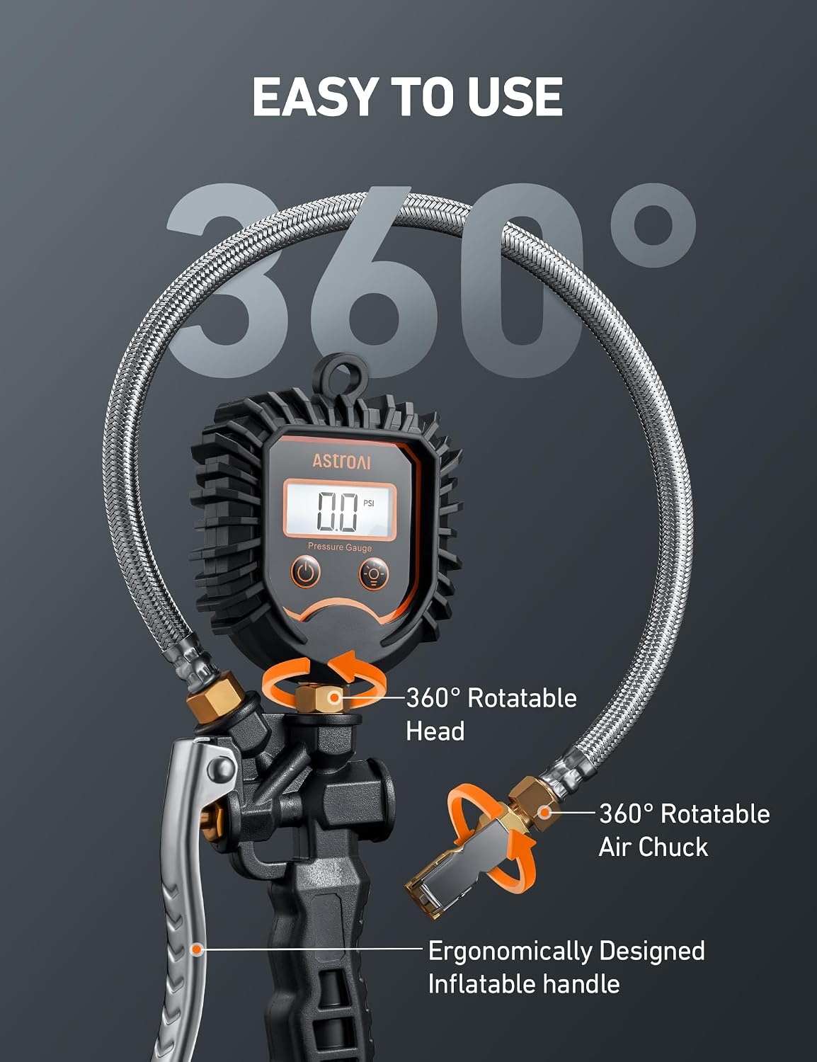 image:imageAstroAI Digital Tire Pressure Gauge Heavy Duty Tire Inflator Gauge 250PSI Air Chuck Compressor Accessories with Stainless Braided Hose Rotatable DialampQuick Connect Coupler for TruckRVSUVLarge