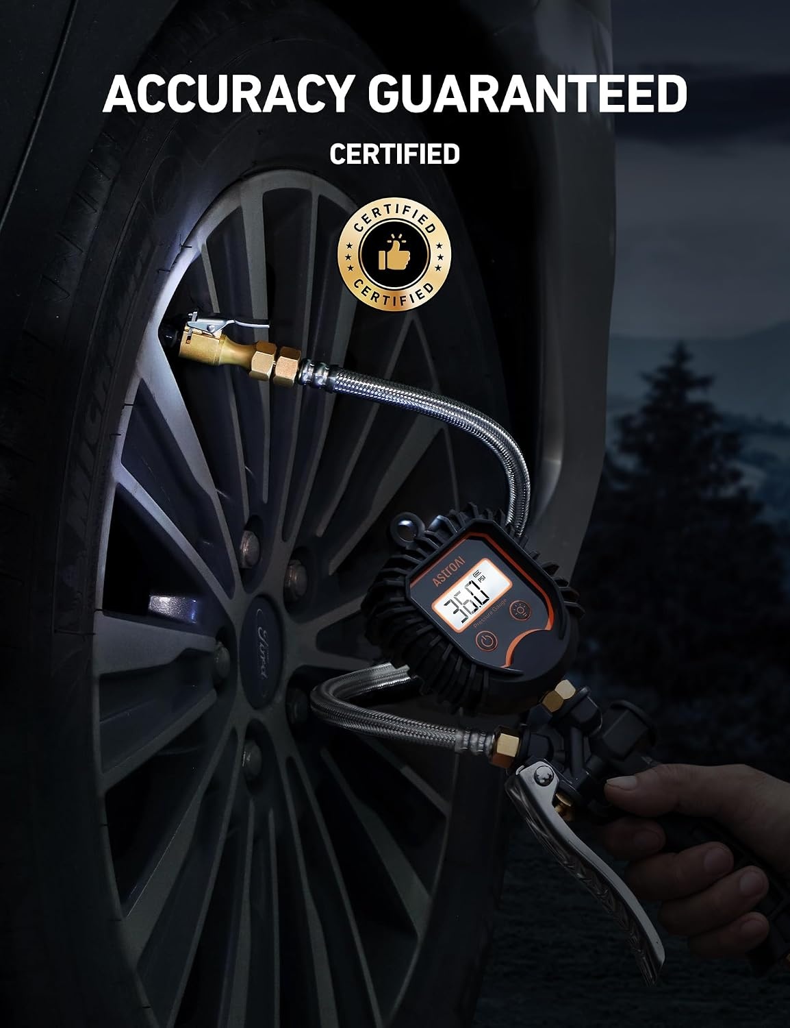 image:imageAstroAI Digital Tire Pressure Gauge Heavy Duty Tire Inflator Gauge 250PSI Air Chuck Compressor Accessories with Stainless Braided Hose Rotatable DialampQuick Connect Coupler for TruckRVSUVLarge