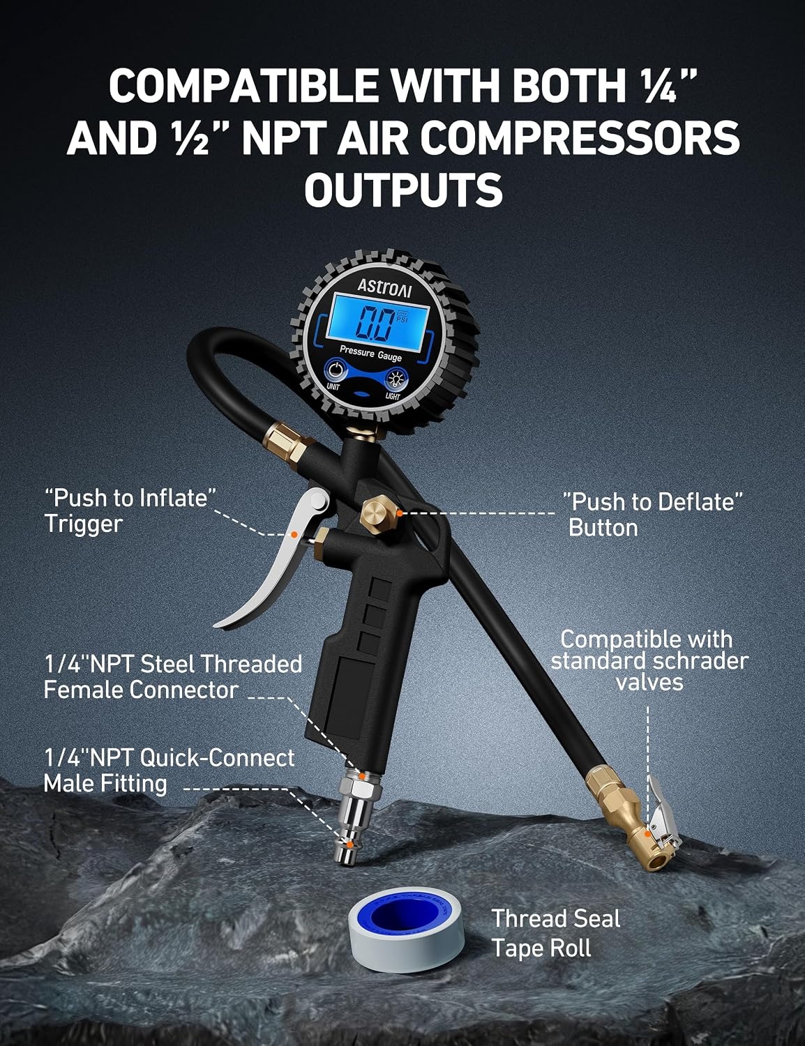 image:imageAstroAI Digital Tire Pressure Gauge with Inflator 3250 PSI Fits 14 NPT1 Pack Standard