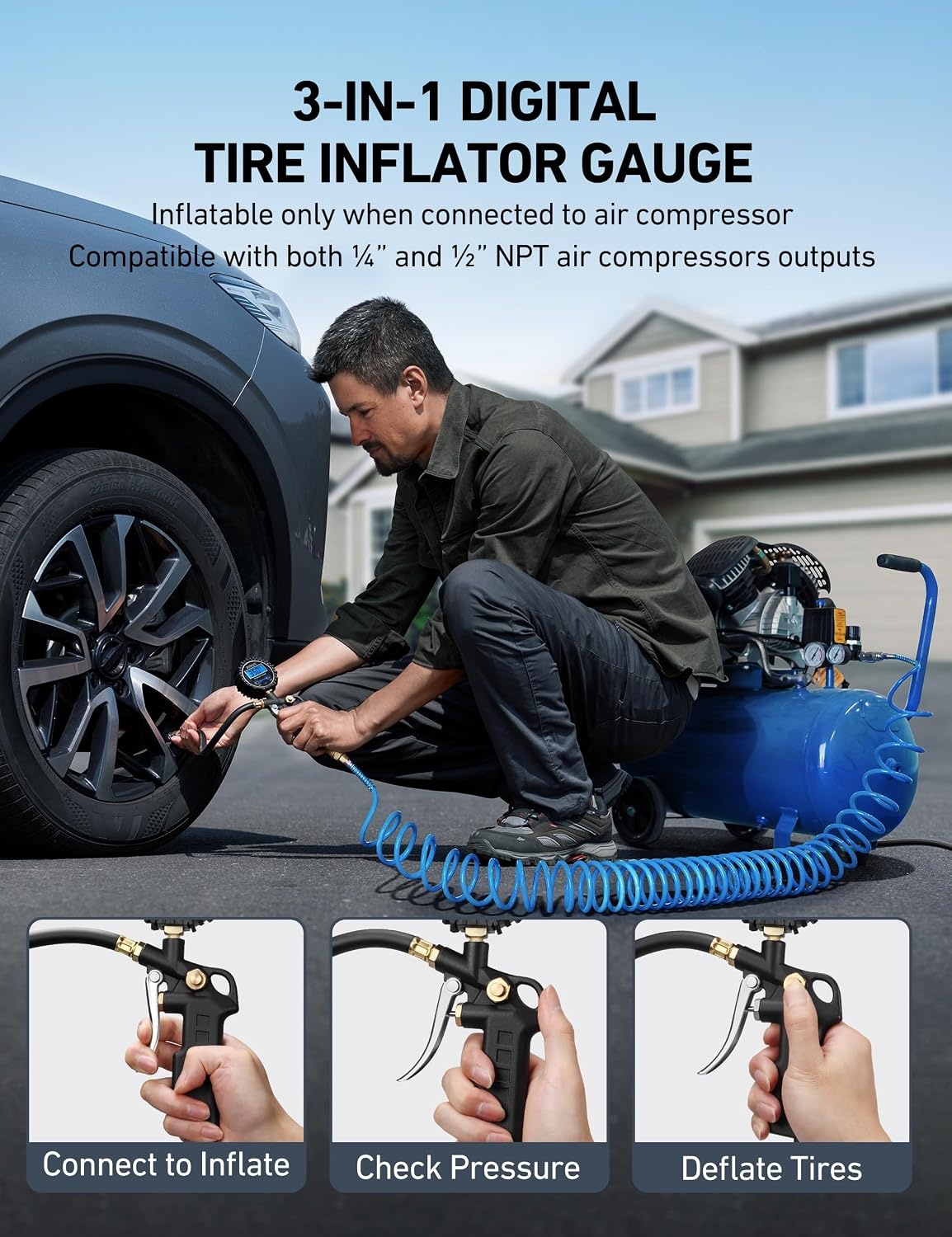 image:imageAstroAI Digital Tire Pressure Gauge with Inflator 3250 PSI Fits 14 NPT1 Pack Standard
