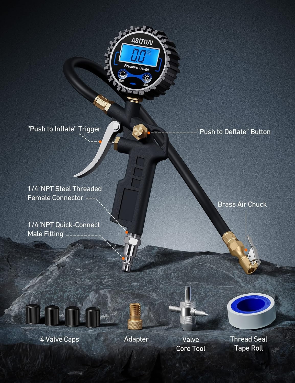 image:imageAstroAI Digital Tire Pressure Gauge with Inflator 3250 PSI Fits 14 NPT1 Pack Standard