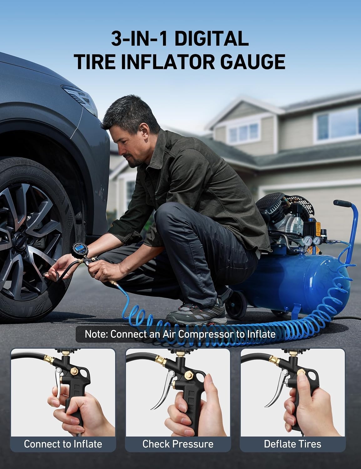 image:imageAstroAI Digital Tire Pressure Gauge with Inflator 3250 PSI Fits 14 NPT1 Pack Standard