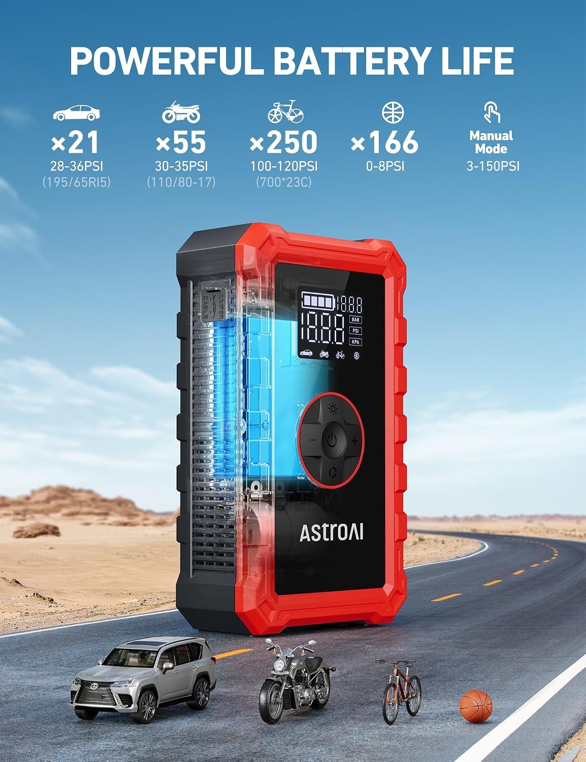image:imageAstroAI S8 Air 3000A Jump Starter with Air Compressor 12V Jump Box3000ARed