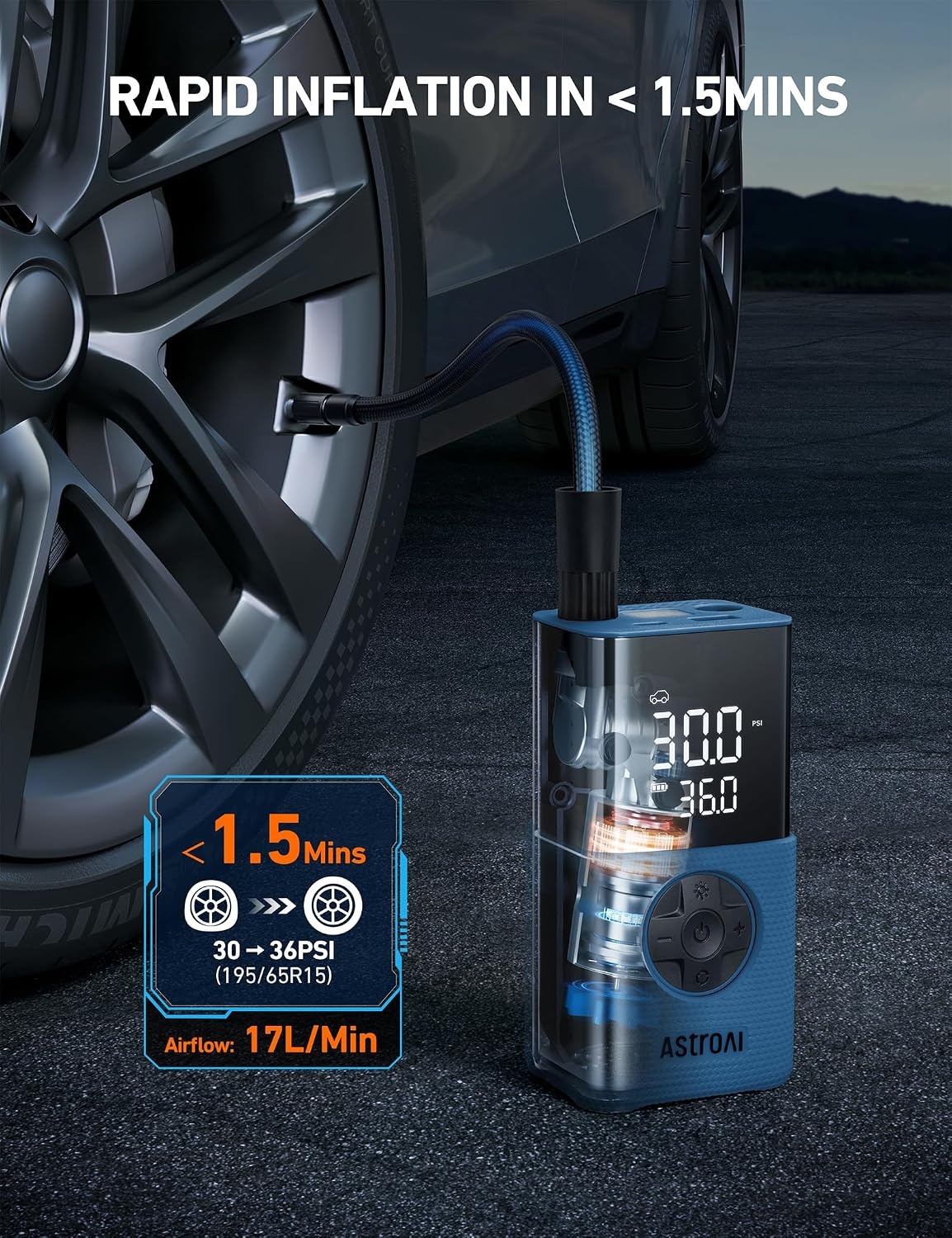image:imageAstroAI L7 Tire Inflator Portable Air Compressor150 PSI Cordless Bike PumpBlue