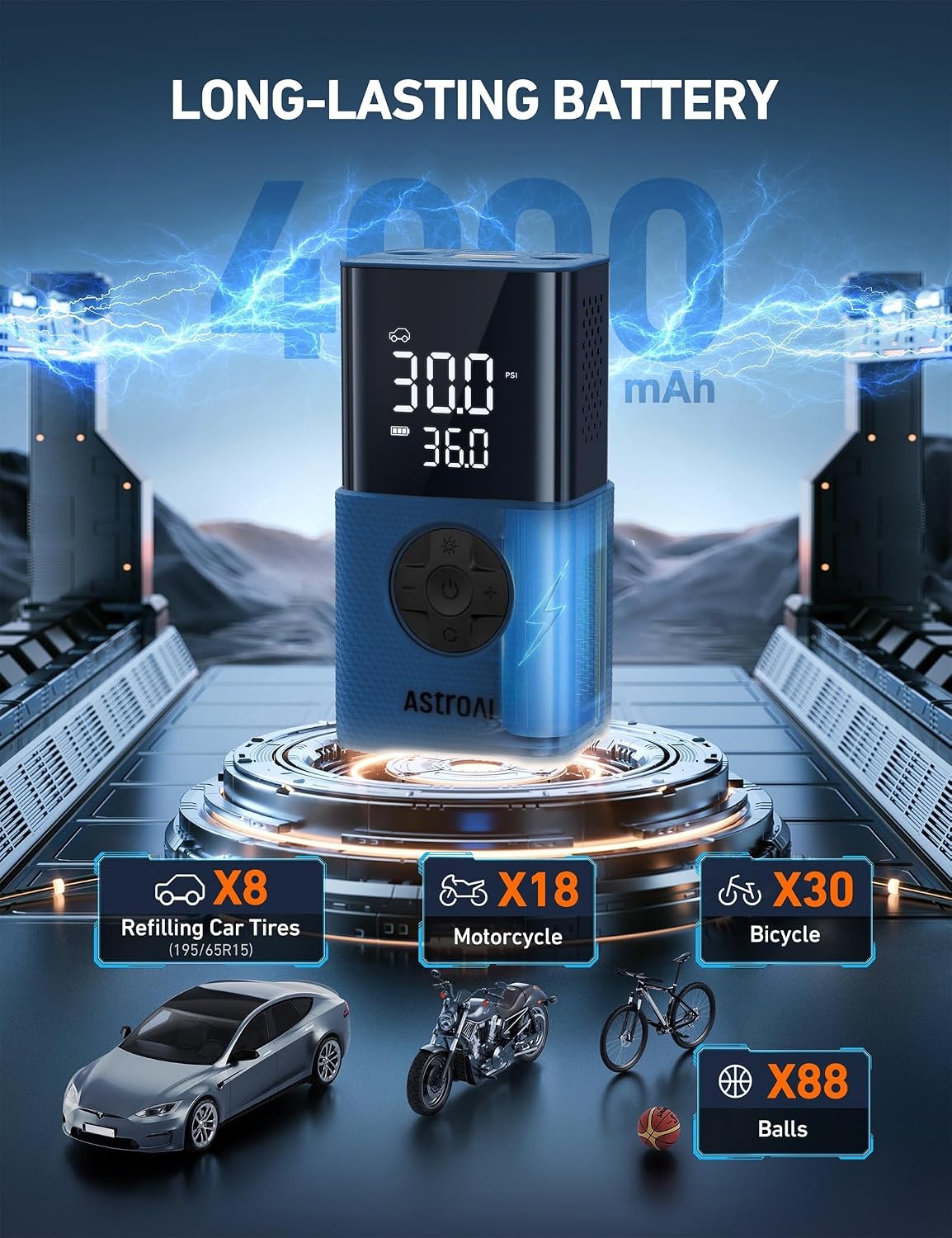 image:imageAstroAI L7 Tire Inflator Portable Air Compressor150 PSI Cordless Bike PumpBlue