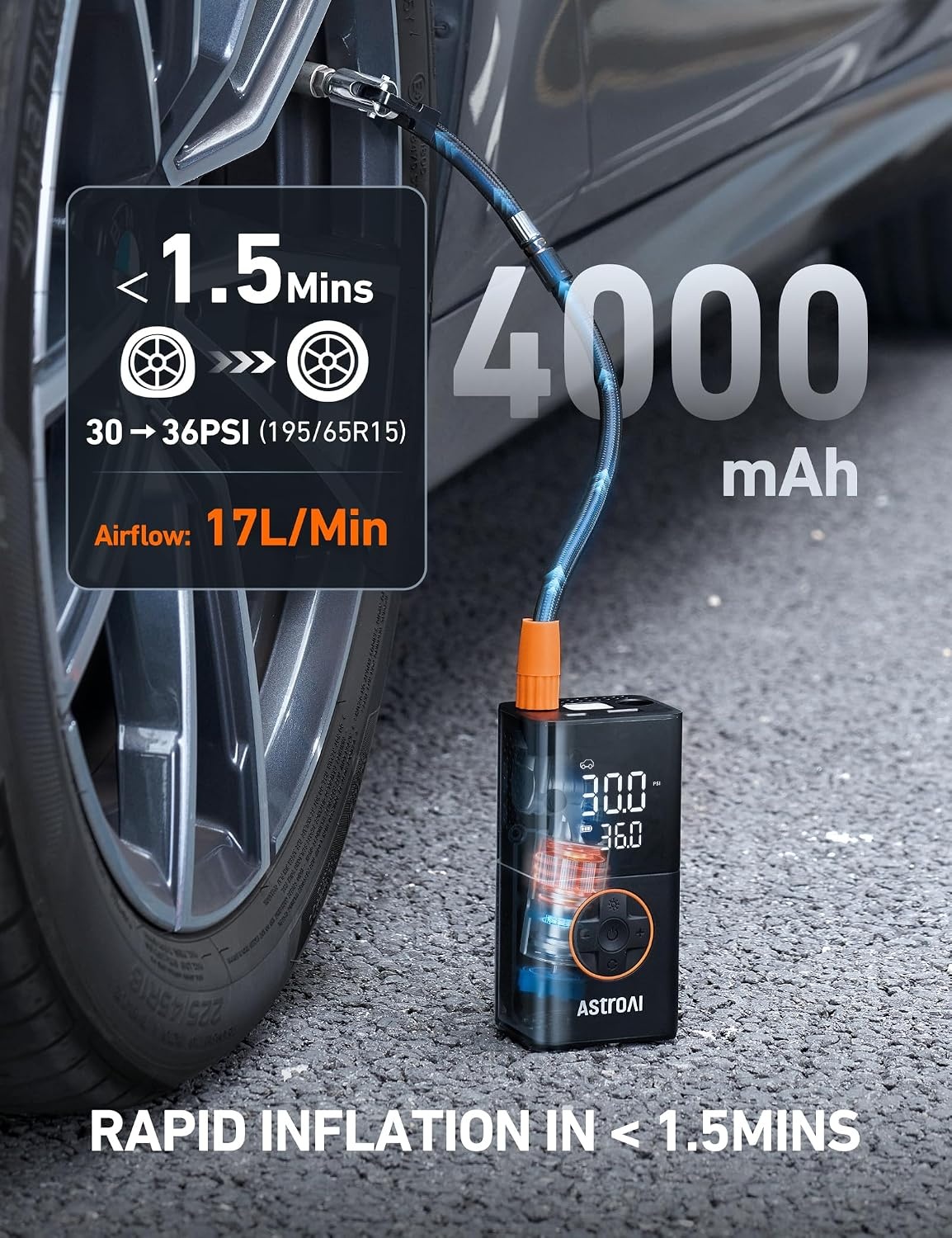 image:imageAstroAI L7 Tire Inflator Portable Air Compressor150 PSI Cordless Bike PumpOrange