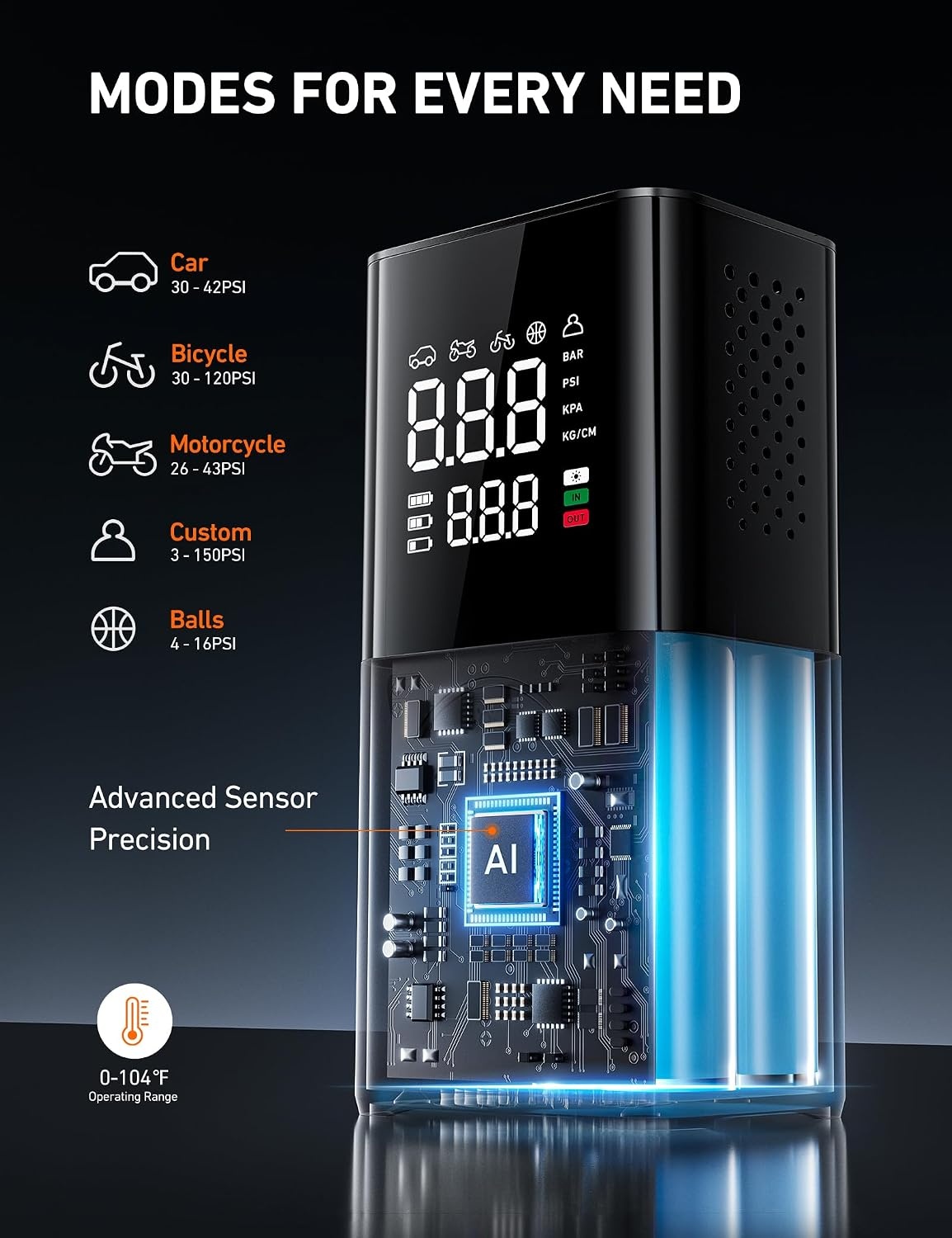 image:imageAstroAI L7 Tire Inflator Portable Air Compressor150 PSI Cordless Bike PumpOrange