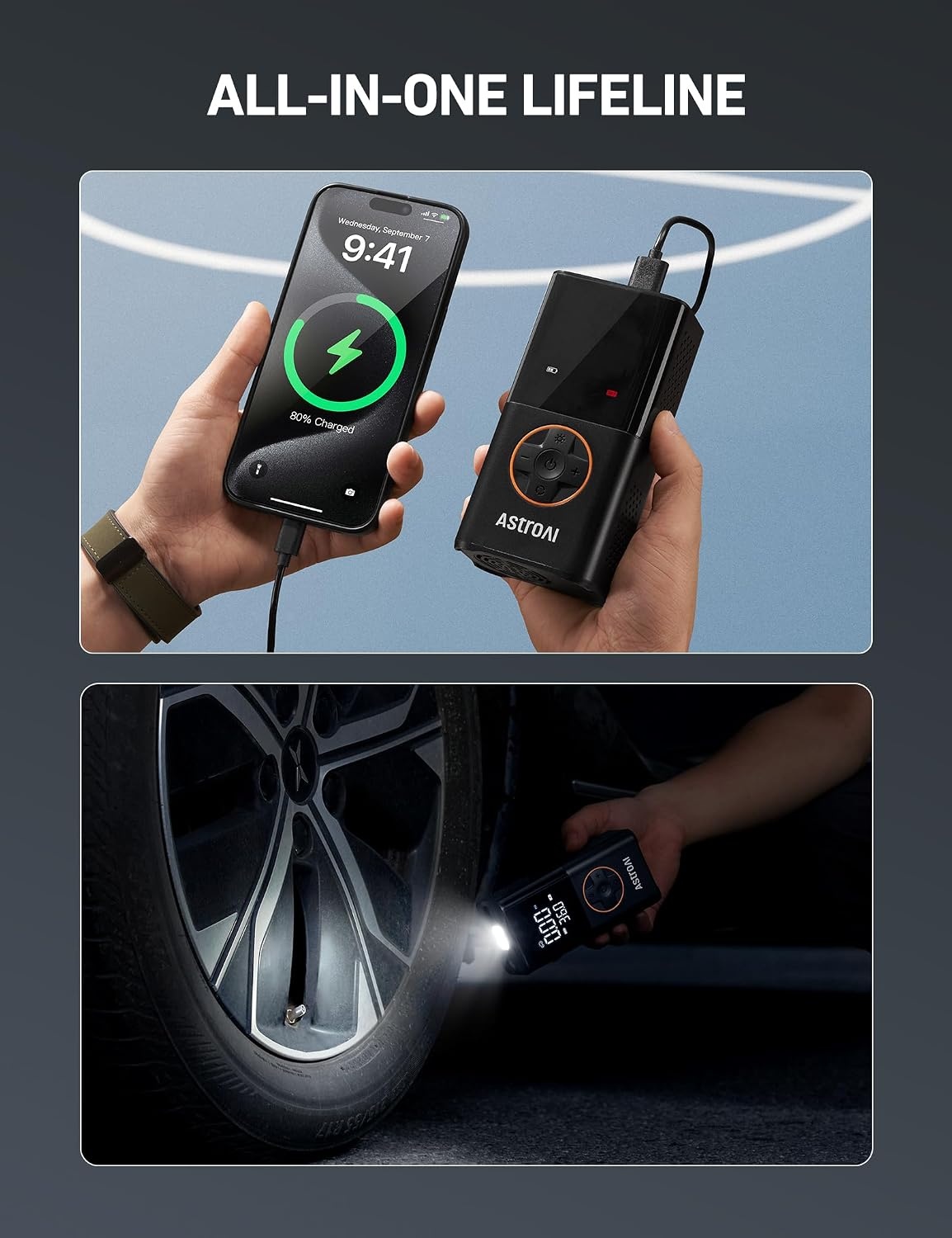 image:imageAstroAI L7 Tire Inflator Portable Air Compressor150 PSI Cordless Bike PumpOrange