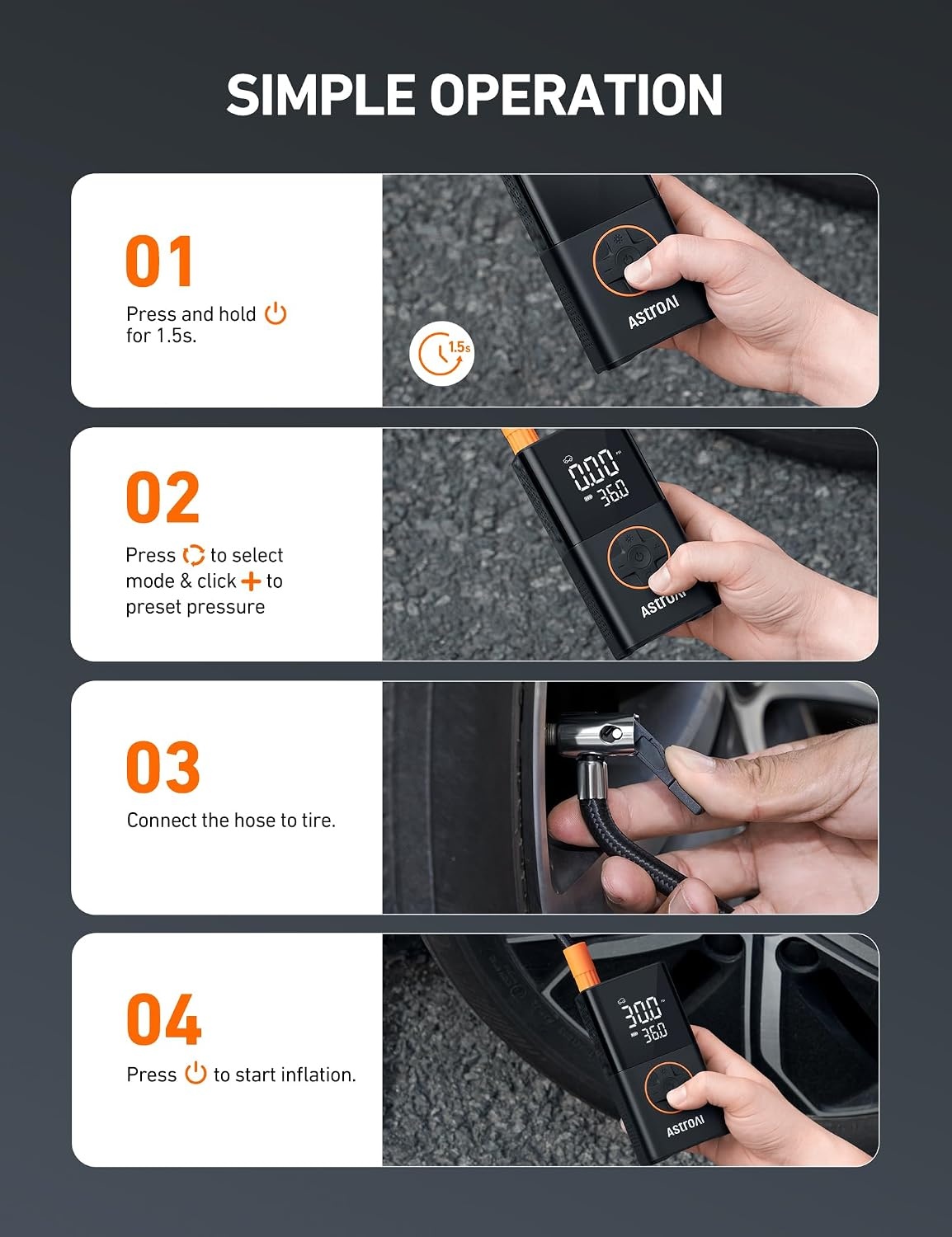 image:imageAstroAI L7 Tire Inflator Portable Air Compressor150 PSI Cordless Bike PumpOrange