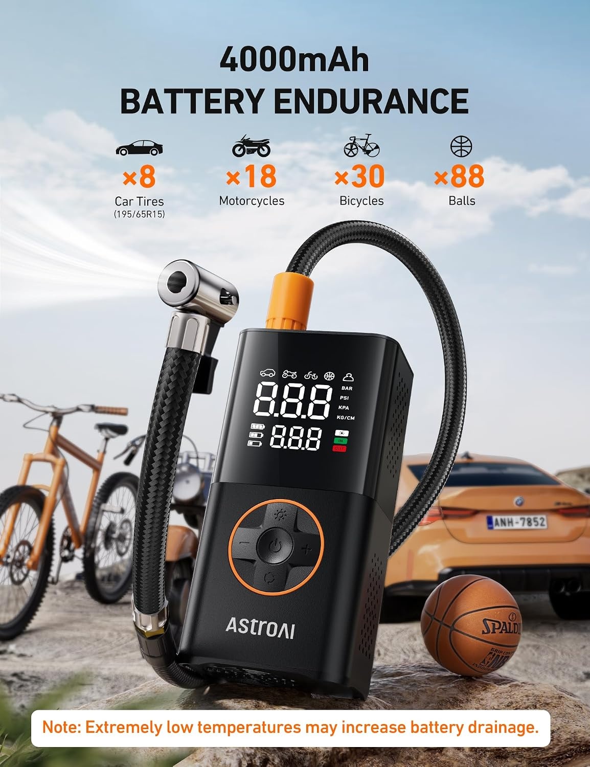 image:imageAstroAI L7 Tire Inflator Portable Air Compressor150 PSI Cordless Bike PumpOrange