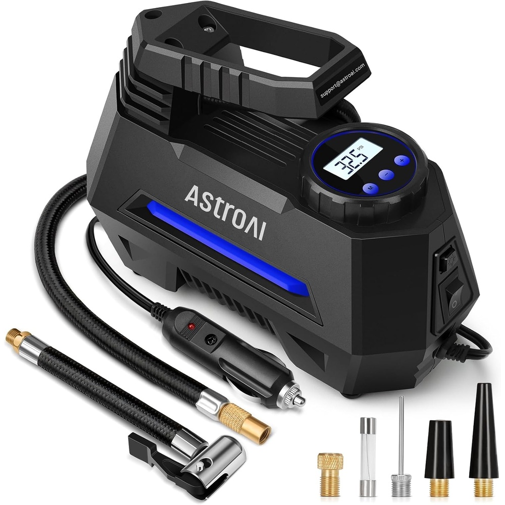 image:imageAstroAI AIRUN H Tire Inflator Portable Air Compressor 12V DC Tire Inflator Auto ShutOff with Digital Pressure Gauge amp LED Light Fast Inflation for Car Motorcycle Bike Tires 98Ft Cord YellowBlue