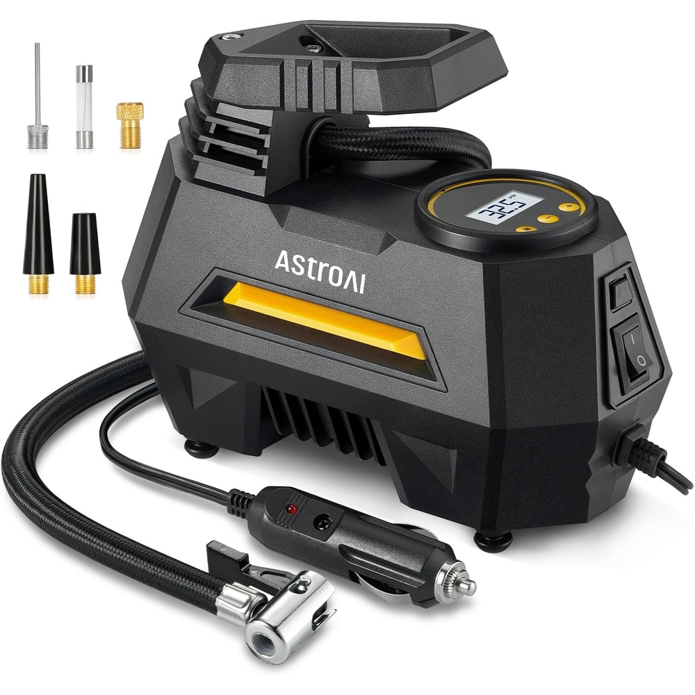 image:imageAstroAI AIRUN H Tire Inflator Portable Air Compressor 12V DC Tire Inflator Auto ShutOff with Digital Pressure Gauge amp LED Light Fast Inflation for Car Motorcycle Bike Tires 98Ft Cord YellowYellow