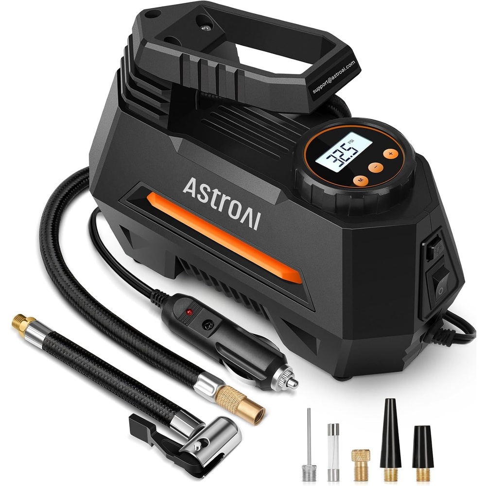 image:imageAstroAI AIRUN H Tire Inflator Portable Air Compressor 12V DC Tire Inflator Auto ShutOff with Digital Pressure Gauge amp LED Light Fast Inflation for Car Motorcycle Bike Tires 98Ft Cord YellowOrange