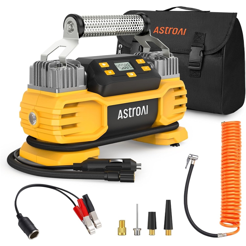 image:imageAstroAI Portable 160 PSI DC Heavy Duty Tire Inflator Pump Auto Shutoff with Screen Dual Cylinders amp Dual Motors 12V Air Compressor for SUVs RVs ORVs Cars Air Mattresses etc YellowNO ACYellow