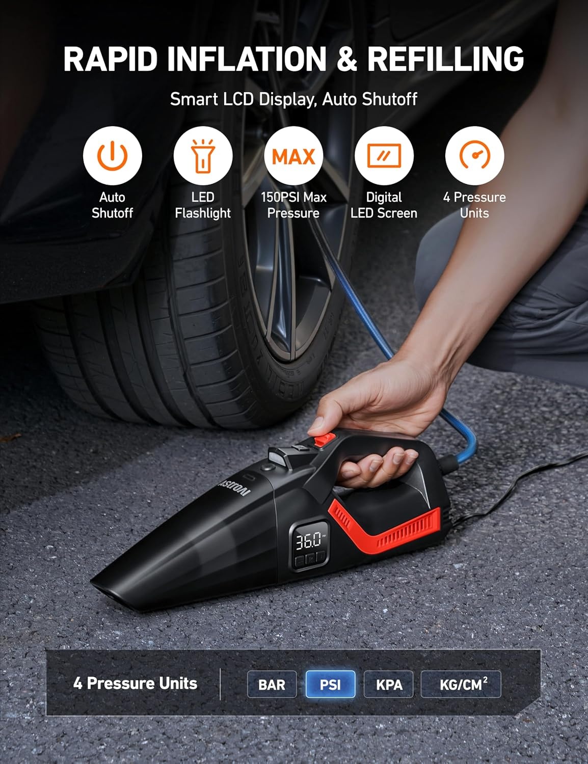 image:imageAstroAI 4in1 V3 12VDC 164FT High Power Handheld Car VacuumampTire InflatorRed