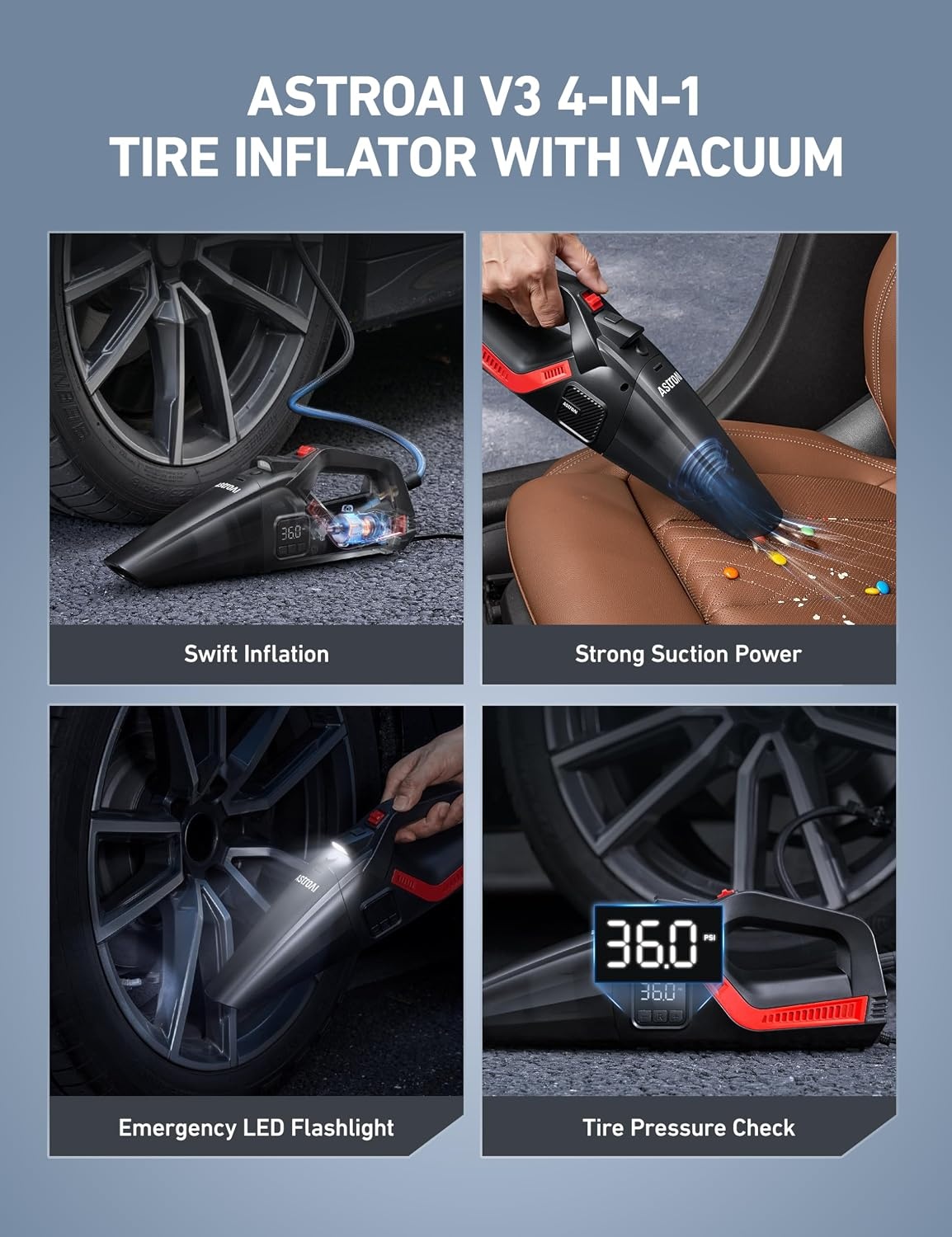image:imageAstroAI 4in1 V3 12VDC 164FT High Power Handheld Car VacuumampTire InflatorRed