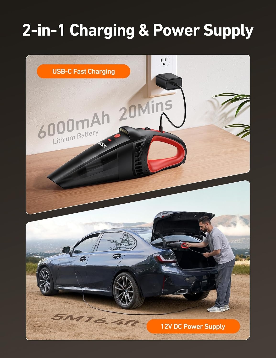 image:imageAstroAI 4in1 V3 12VDC 164FT High Power Handheld Car VacuumampTire InflatorRed