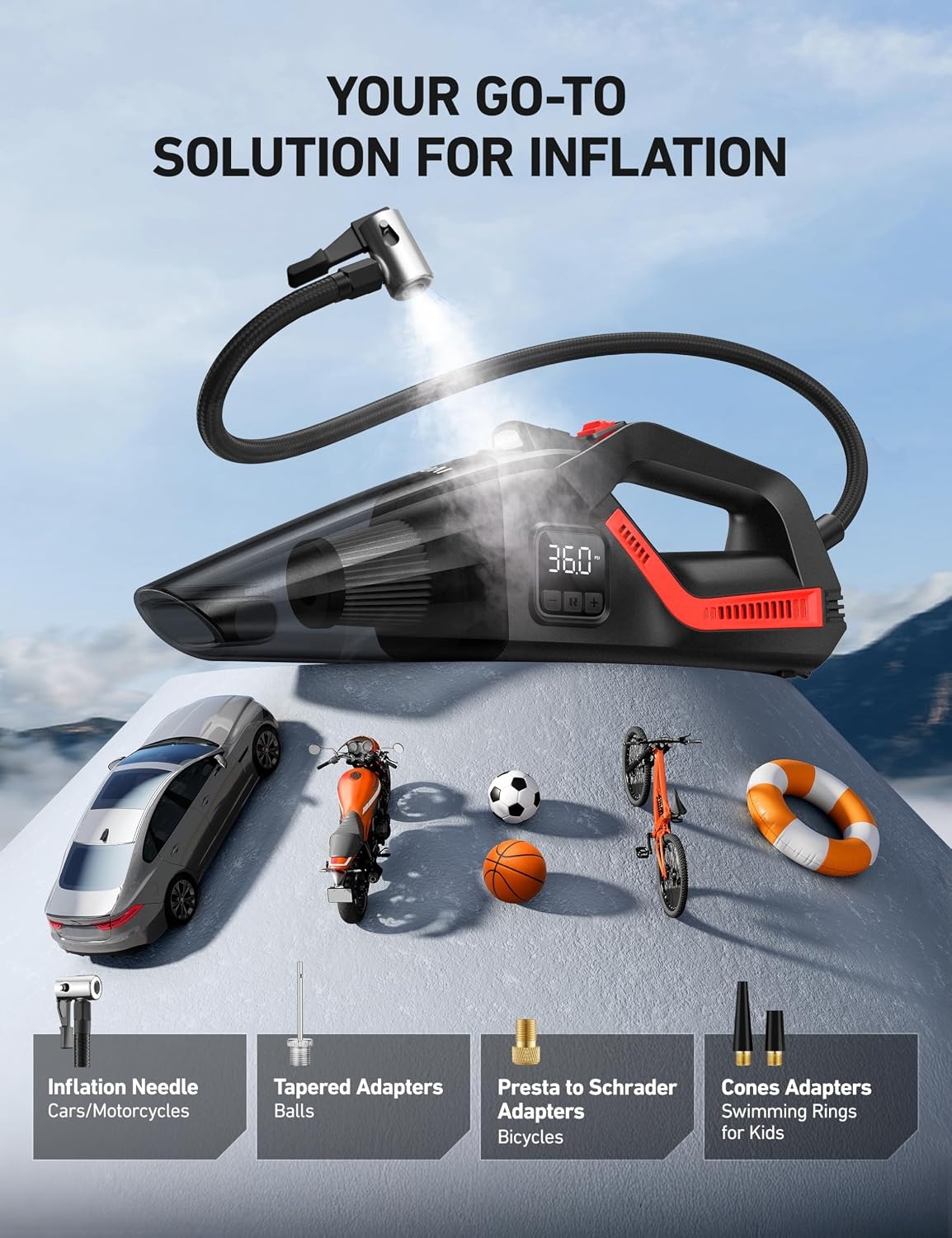 image:imageAstroAI 4in1 V3 12VDC 164FT High Power Handheld Car VacuumampTire InflatorRed