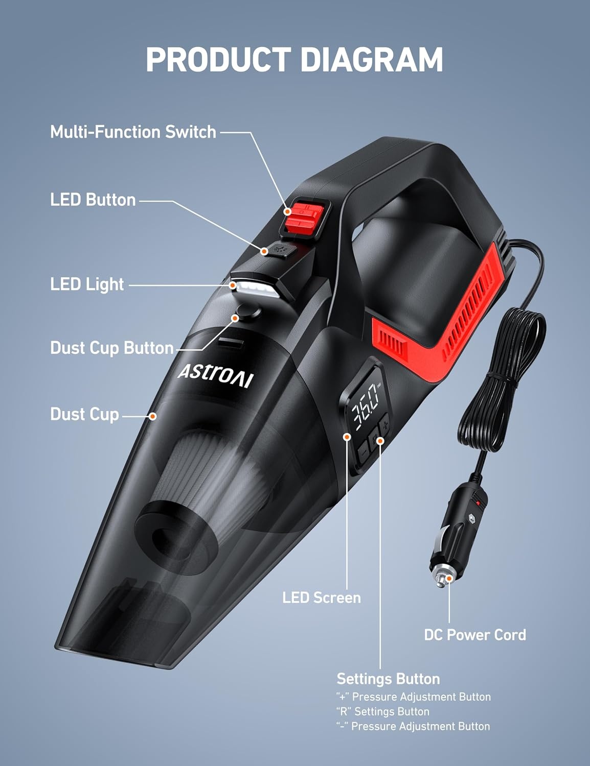 image:imageAstroAI 4in1 V3 12VDC 164FT High Power Handheld Car VacuumampTire InflatorRed
