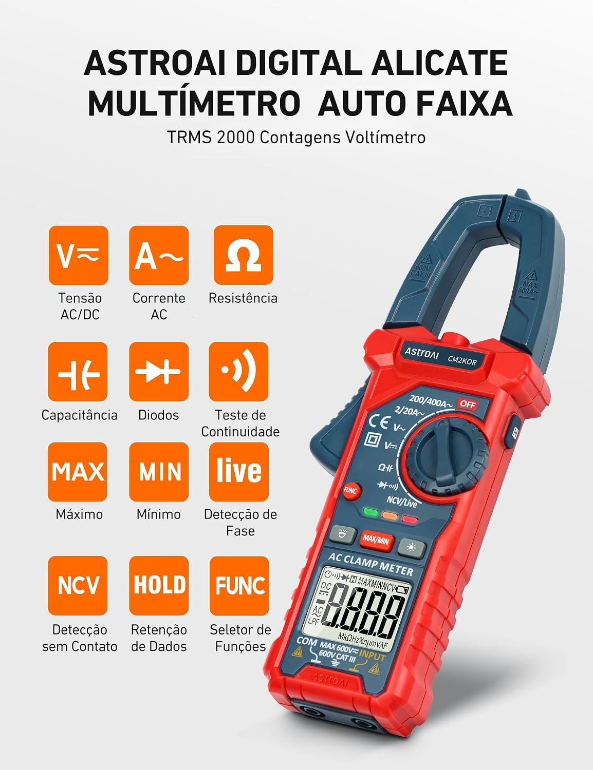 image:imageAstroAI Digital Clamp Meter Multimeter 4000 Counts Autoranging Amp Tester Measuring ACDC Voltage amp Current Resistance Capacitance Frequency Continuity Live Wire Test NCV Detection BlackBlue