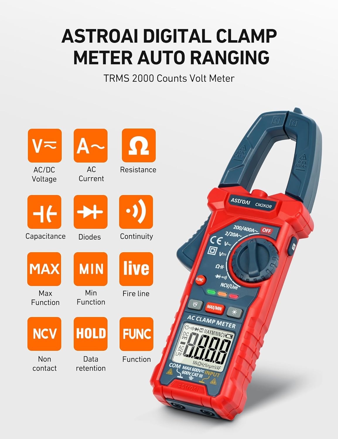 image:imageAstroAI Digital Clamp Meter Multimeter 4000 Counts Autoranging Amp Tester Measuring ACDC Voltage amp Current Resistance Capacitance Frequency Continuity Live Wire Test NCV Detection BlackBlue