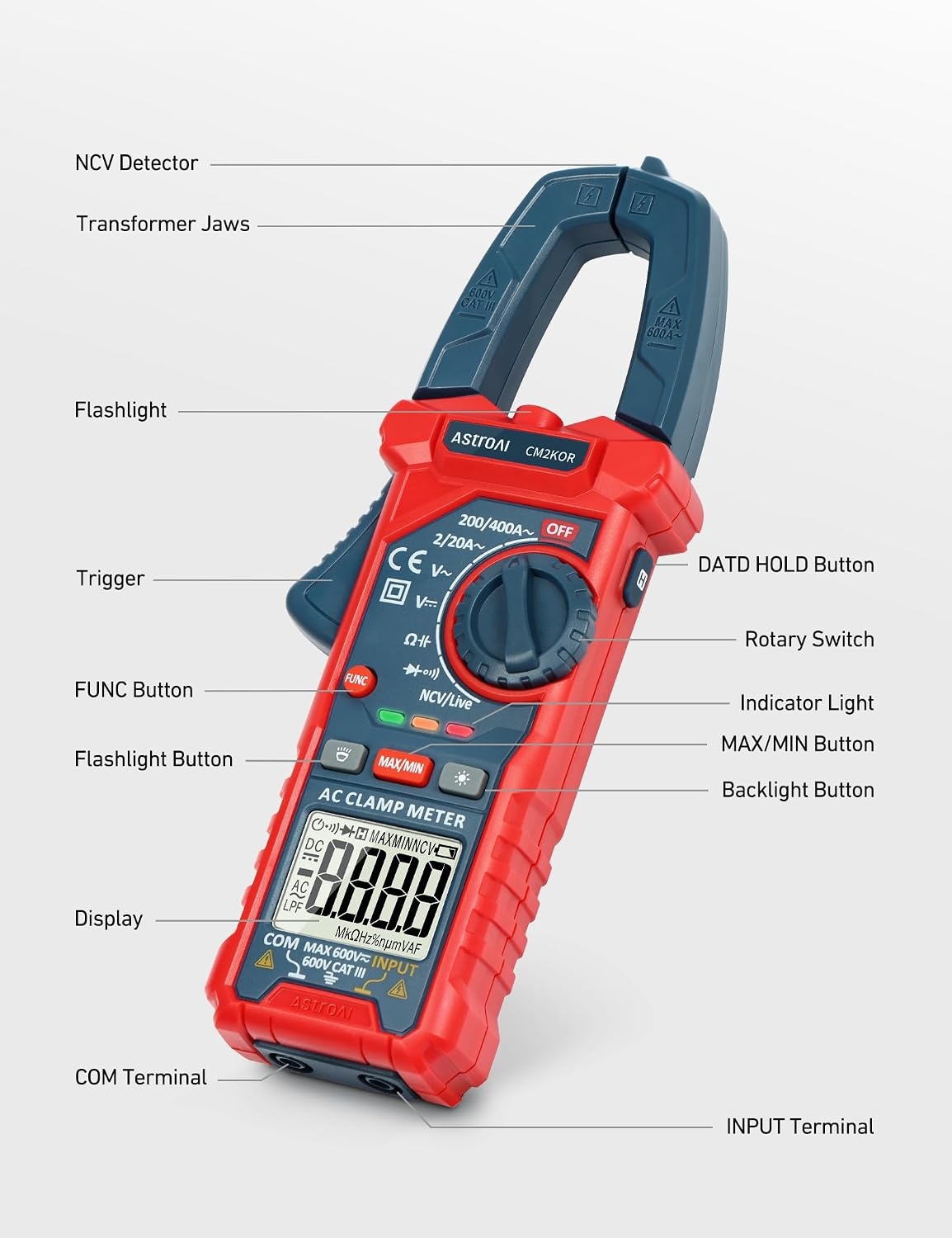 image:imageAstroAI Digital Clamp Meter Multimeter 4000 Counts Autoranging Amp Tester Measuring ACDC Voltage amp Current Resistance Capacitance Frequency Continuity Live Wire Test NCV Detection BlackBlue