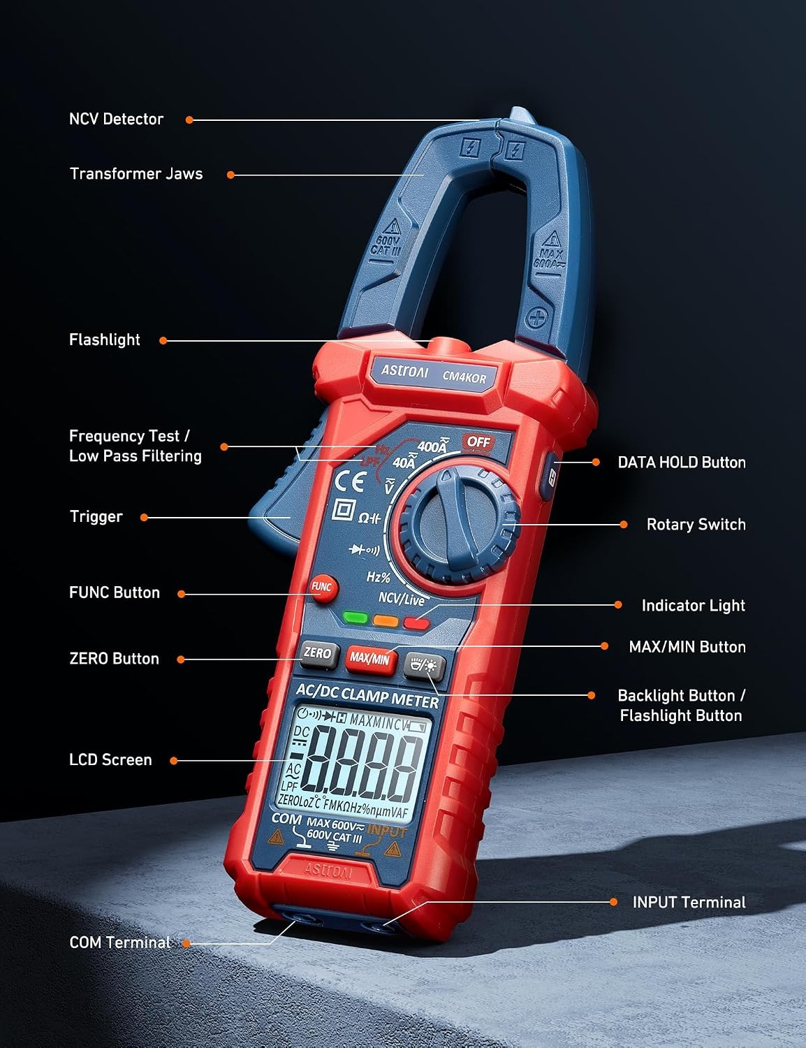 image:imageAstroAI Digital Clamp Meter Multimeter 4000 Counts Autoranging Amp Tester Measuring ACDC Voltage amp Current Resistance Capacitance Frequency Continuity Live Wire Test NCV Detection BlackBlue