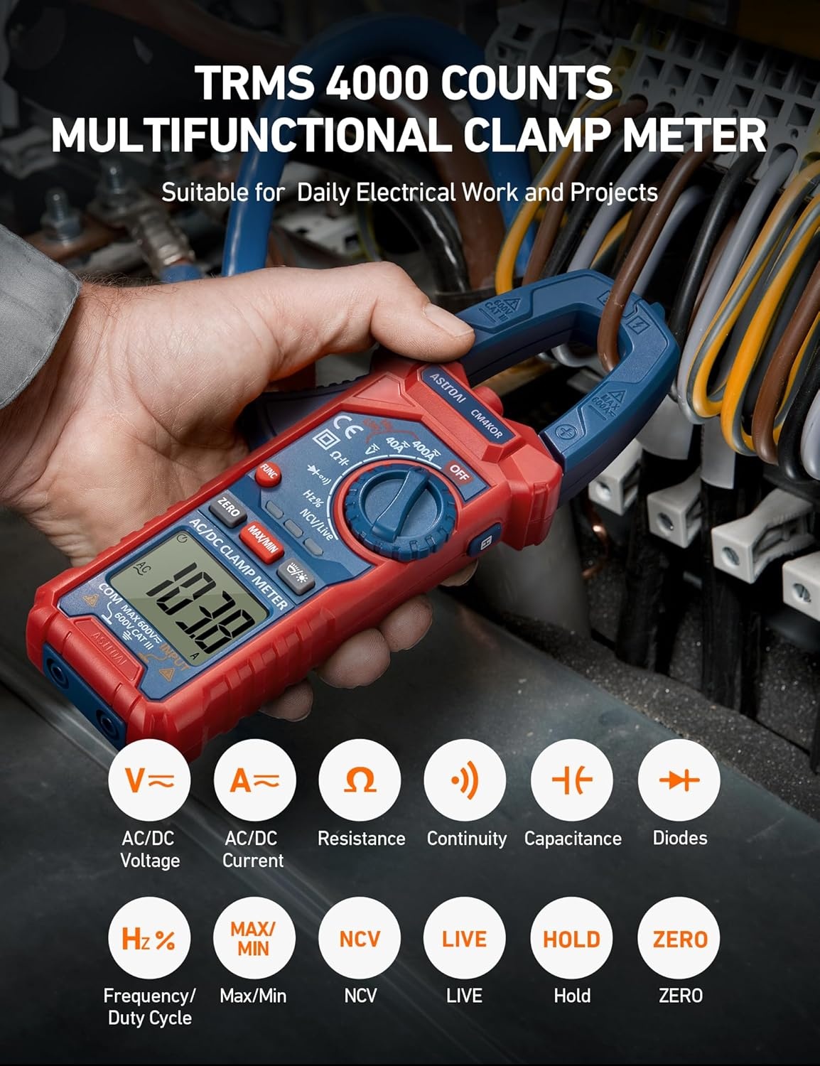 image:imageAstroAI Digital Clamp Meter Multimeter 4000 Counts Autoranging Amp Tester Measuring ACDC Voltage amp Current Resistance Capacitance Frequency Continuity Live Wire Test NCV Detection BlackBlue