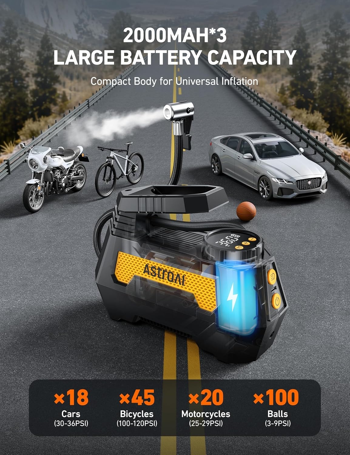 image:imageAstroAI H2 Pro Cordless Tire Inflator Portable Air Compressor 12VDC BatteryYellow