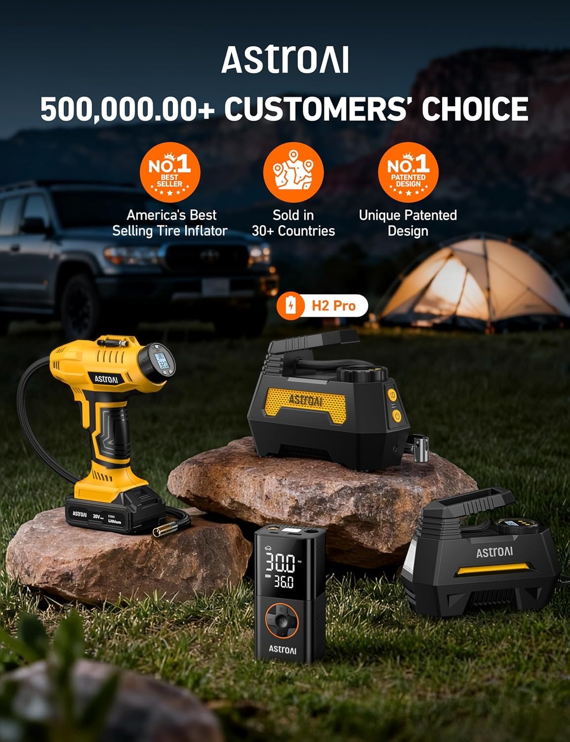 image:imageAstroAI H2 Pro Cordless Tire Inflator Portable Air Compressor 12VDC BatteryYellow