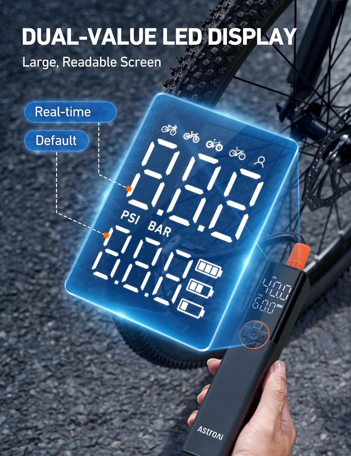 image:imageAstroAI L8 Electric Bike Pump Portable Bicycle Tire Inflator with Pressure Gauge and Auto ShutOff 150 PSI Powerful Motor Mini Air Pump for Road Mountain amp EBike with Presta and Schrader ValvesBlack