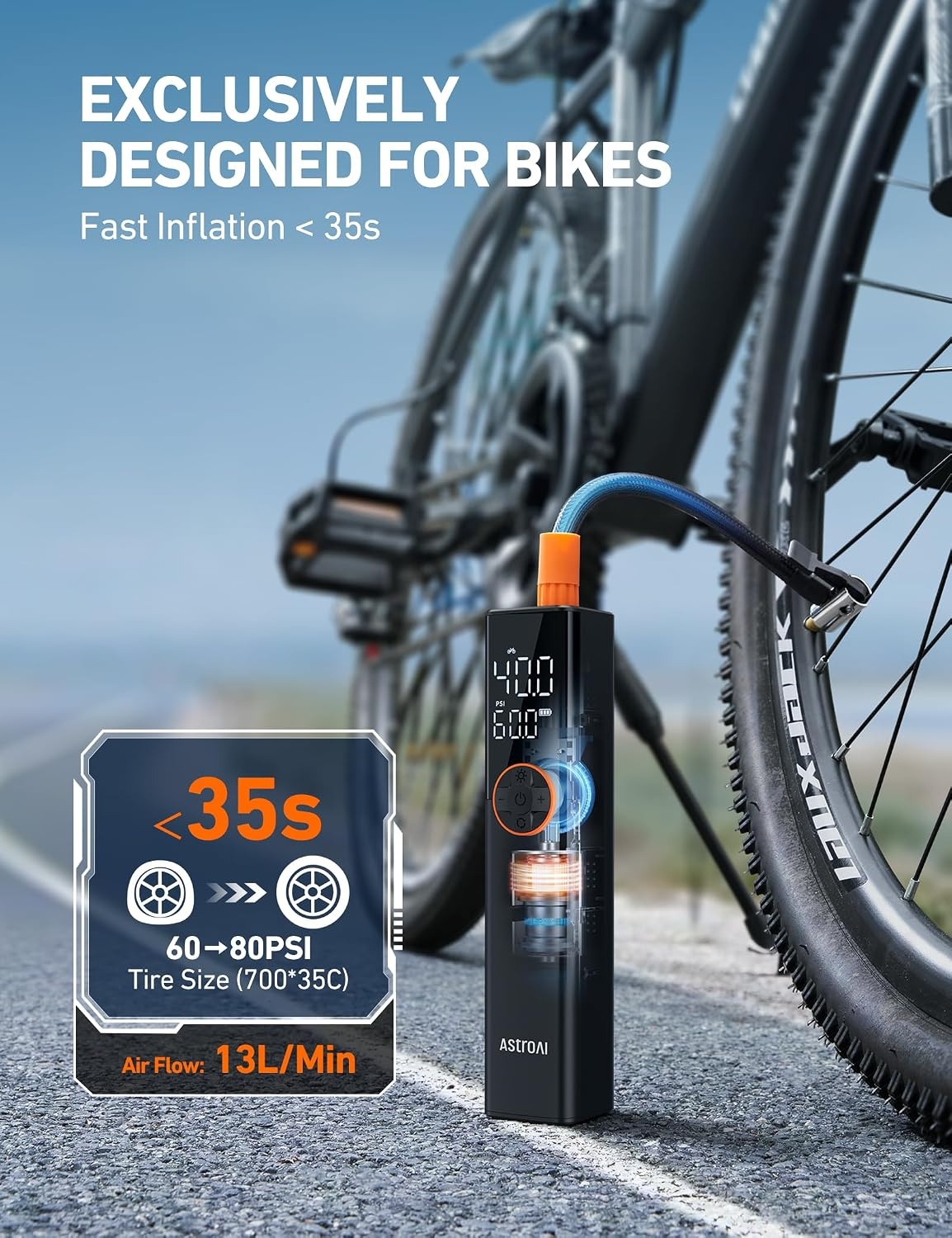 image:imageAstroAI L8 Electric Bike Pump Portable Bicycle Tire Inflator with Pressure Gauge and Auto ShutOff 150 PSI Powerful Motor Mini Air Pump for Road Mountain amp EBike with Presta and Schrader ValvesBlack