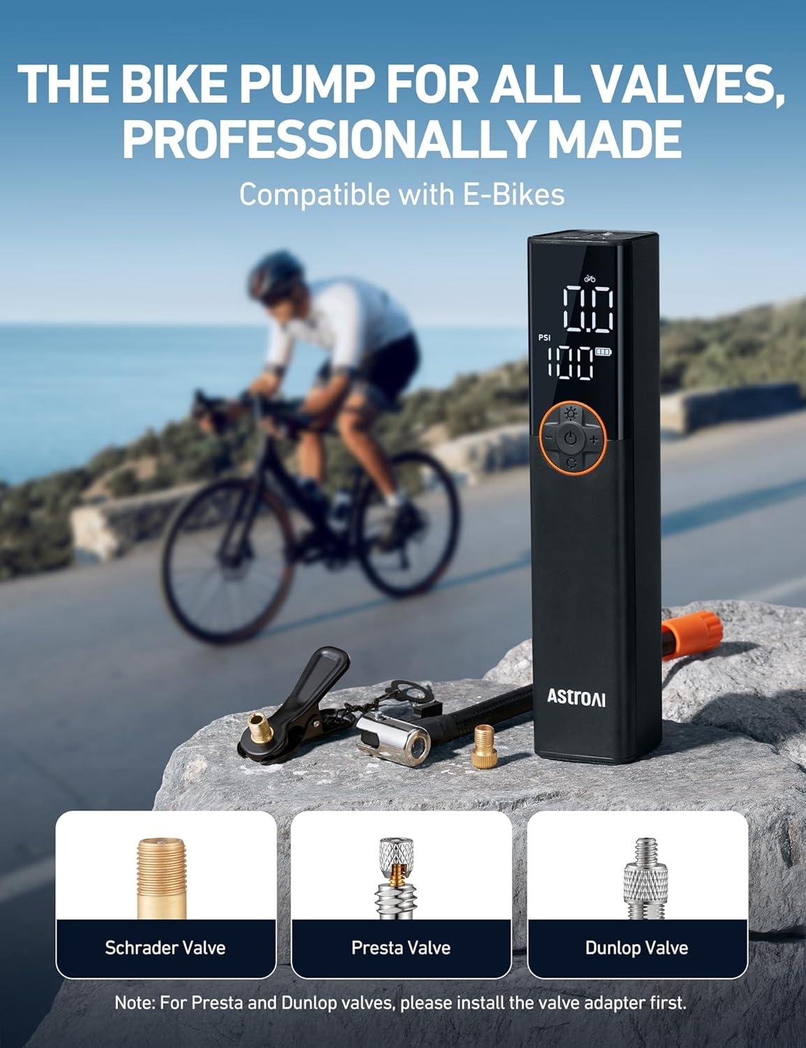 image:imageAstroAI L8 Electric Bike Pump Portable Bicycle Tire Inflator with Pressure Gauge and Auto ShutOff 150 PSI Powerful Motor Mini Air Pump for Road Mountain amp EBike with Presta and Schrader ValvesBlack