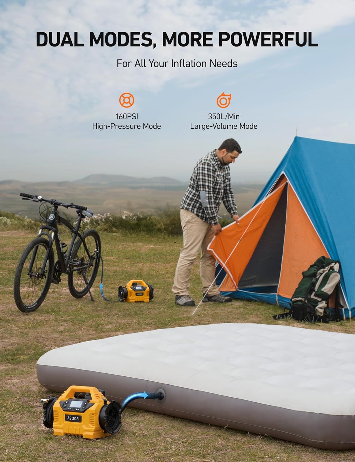 image:imageAstroAI MC3 Tire Inflator Portable Air Compressor 3 Power SourcesCordless110V AC12V DC 160PSI Fast Inflation Air Pump with Dual Motors Auto Shutoff for CarsSUVs Air Mattress InflatorDeflator