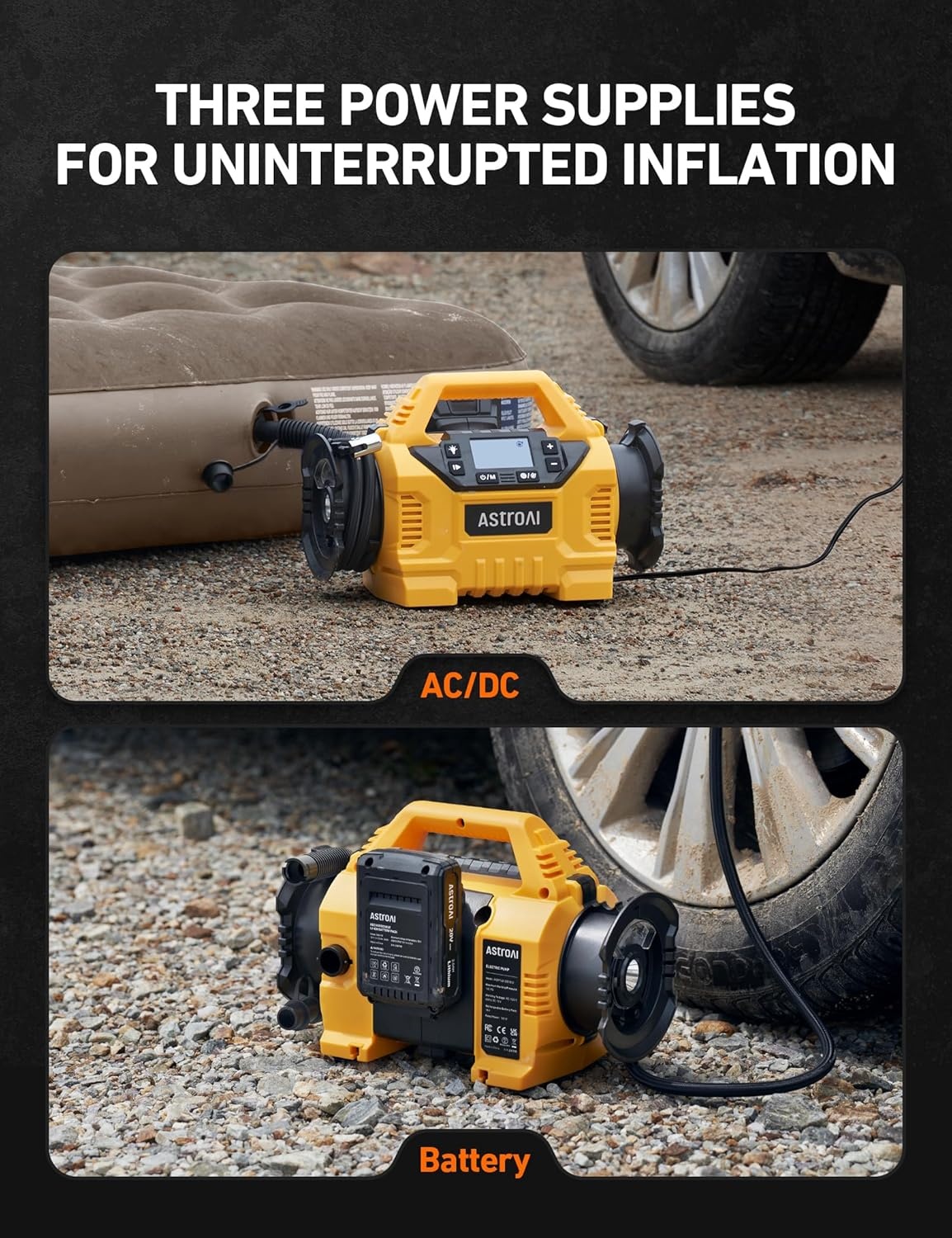 image:imageAstroAI MC3 Tire Inflator Portable Air Compressor 3 Power SourcesCordless110V AC12V DC 160PSI Fast Inflation Air Pump with Dual Motors Auto Shutoff for CarsSUVs Air Mattress InflatorDeflator