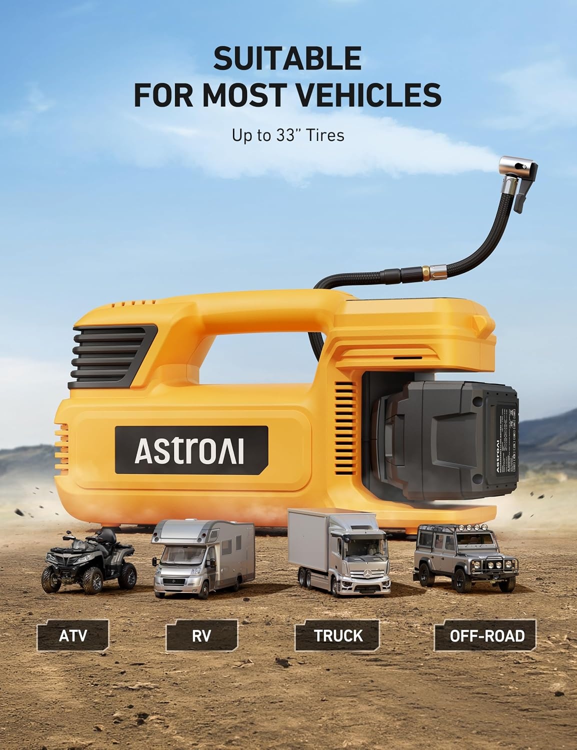 image:imageAstroAI TC4 Heavy Duty Cordless Tire Inflator 470W Portable Air CompressorYellow