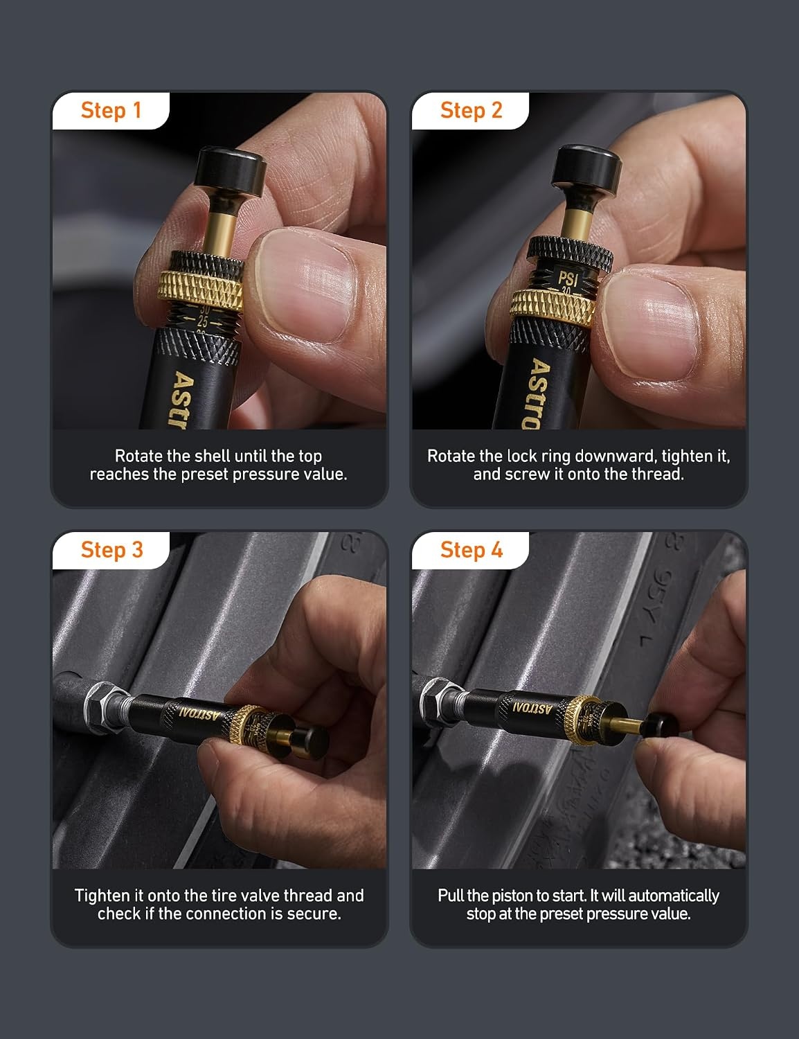image:imageAstroAI Tire Deflator Kit 4Pack Automatic AntiCorrosive ScrewOn Air Down Tool Adjustable 1030 PSI for OffRoad Vehicle SUV 4x4 Includes 4 Valve Caps Zipper Closure Bag